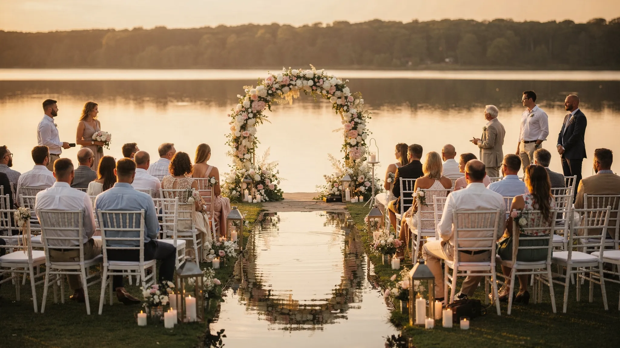 Ceremonie de nuntă pe malul lacului la apus, cu arc floral elegant, scaune aranjate în semicerc, lumini calde naturale și reflexii în apă, invitați îmbrăcați smart-casual, atmosferă premium.