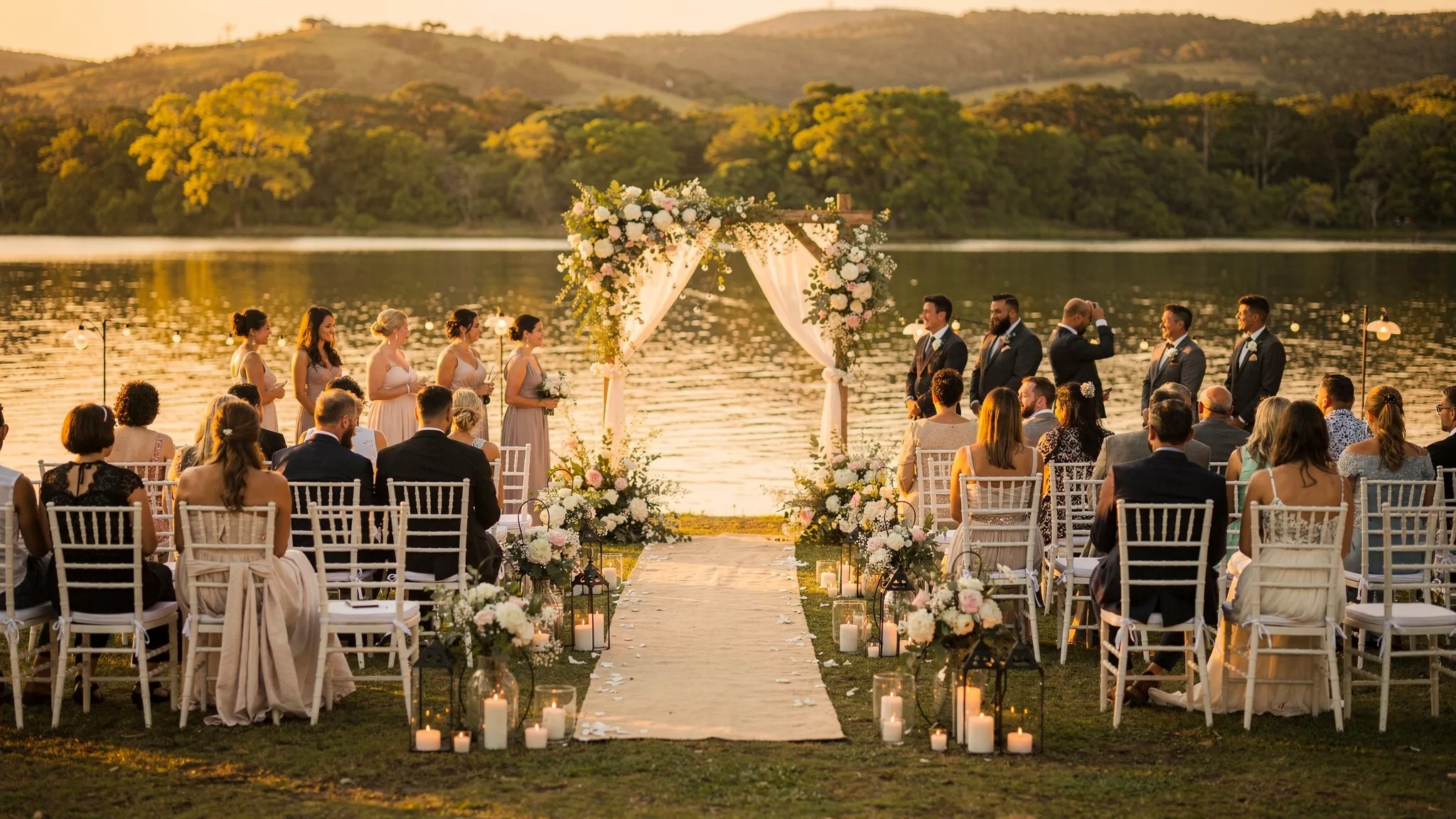 Ceremonie de nuntă pe malul unui lac la apus, cu scaune aranjate în semicerc, arc floral discret, lumini calde și invitați în ținute elegante într-un cadru natural.