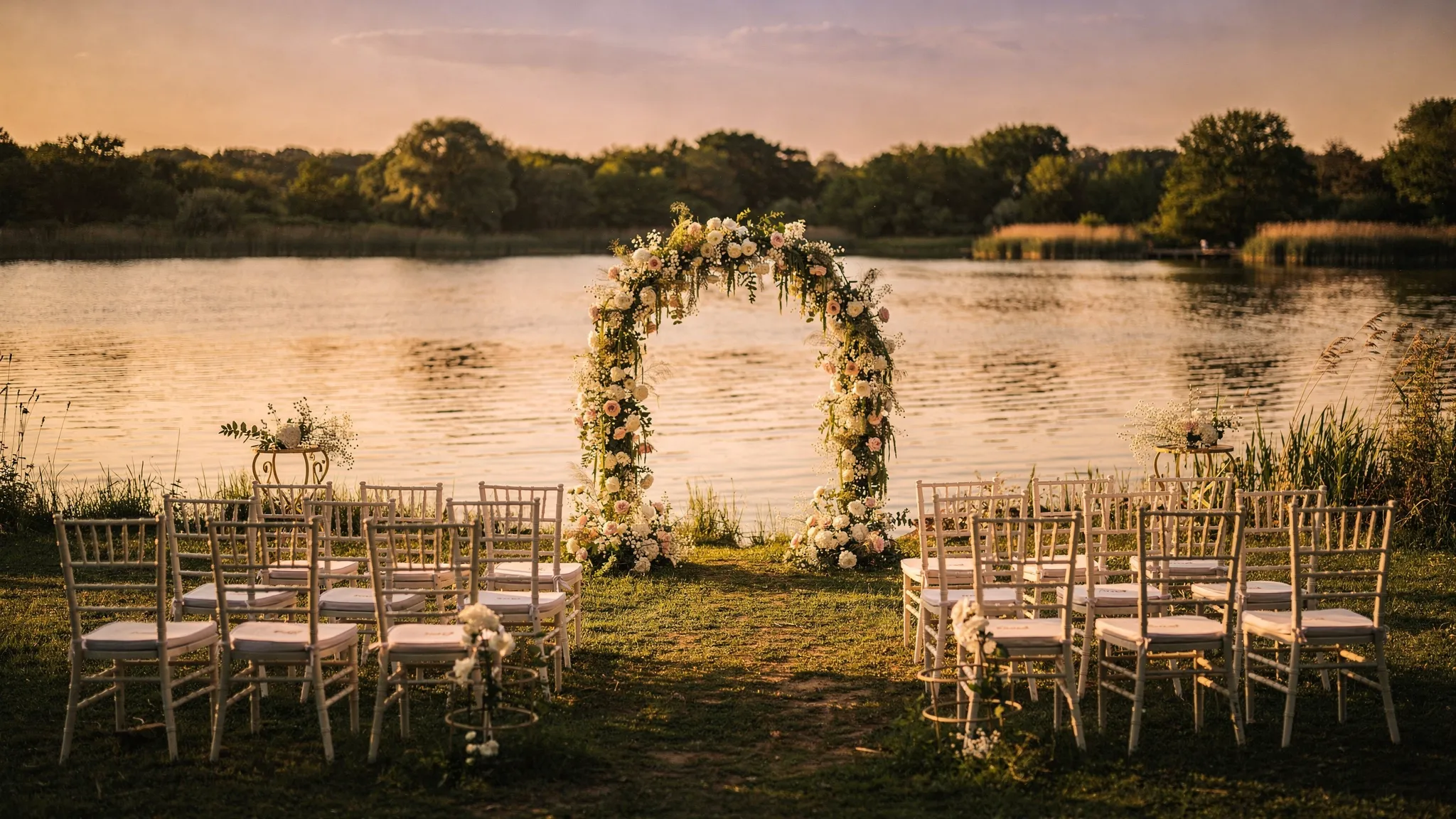 Snagov By The Lake: sfaturi pentru ceremonie și apus perfect 2 Ceremonie pe malul lacului la apus, cu arc floral discret, scaune aranjate în semicerc și lumină caldă reflectată în apă; în fundal se vede linia lacului și vegetație de Snagov.