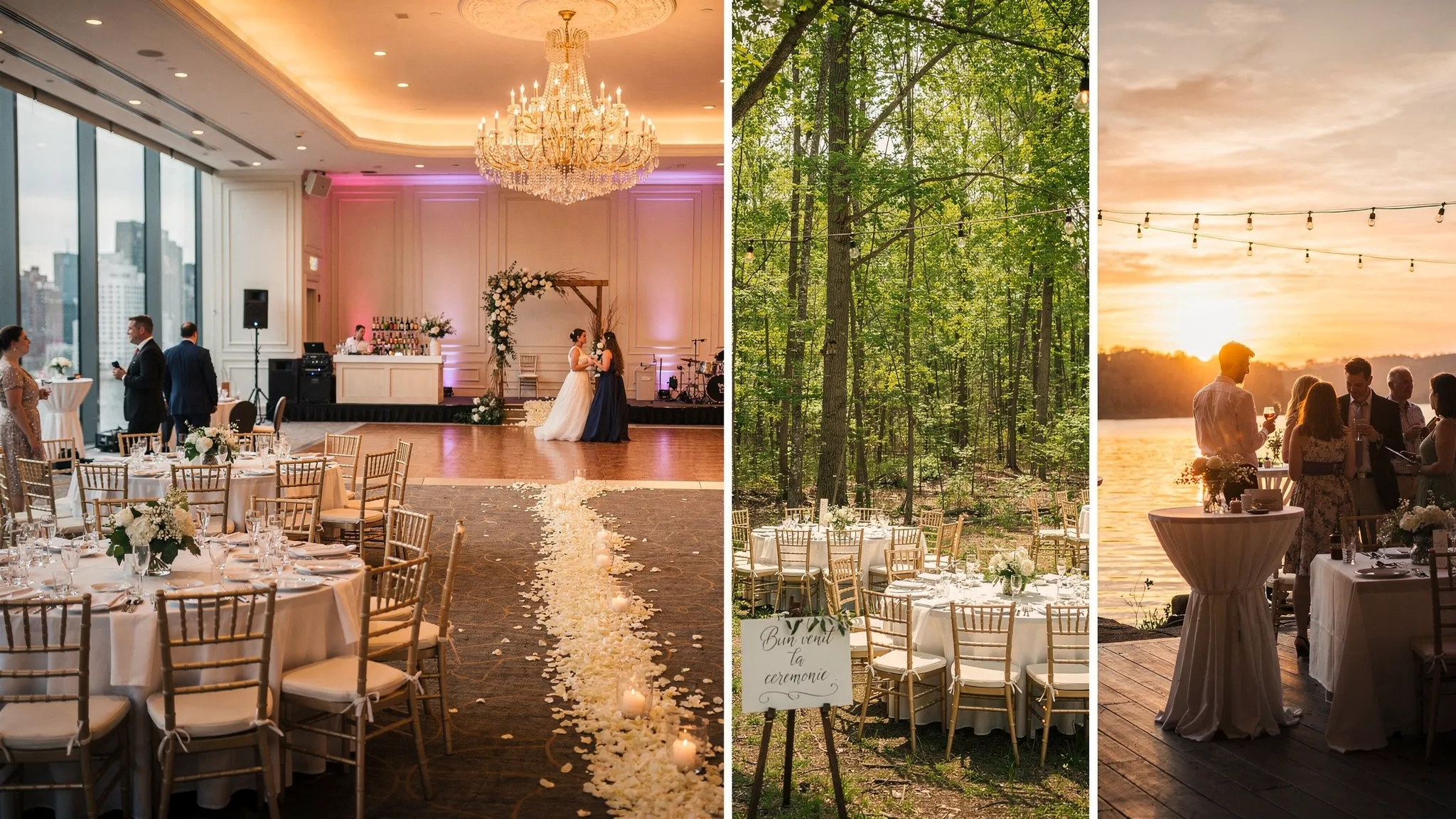 Jubile saloane: cum alegi spațiul ideal pentru eveniment 2 Colaj cu patru cadre reprezentative pentru tipuri de locații de evenimente: un salon urban elegant, un ballroom cu ring de dans, o ceremonie în pădure și un cocktail la marginea unui lac la apus.