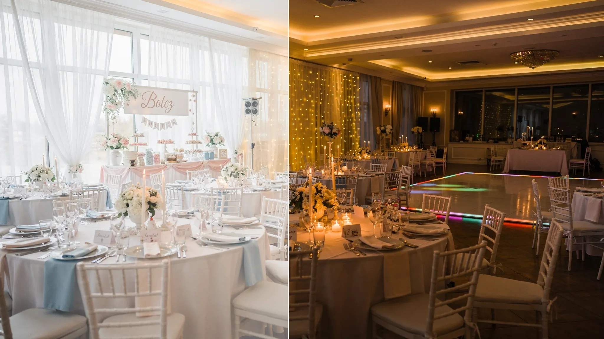Comparație vizuală între o sală elegantă pregătită pentru botez în lumină naturală de zi și aceeași sală într-un setup de seară cu lumini calde ambientale, mese aranjate festiv, ring de dans discret luminat.