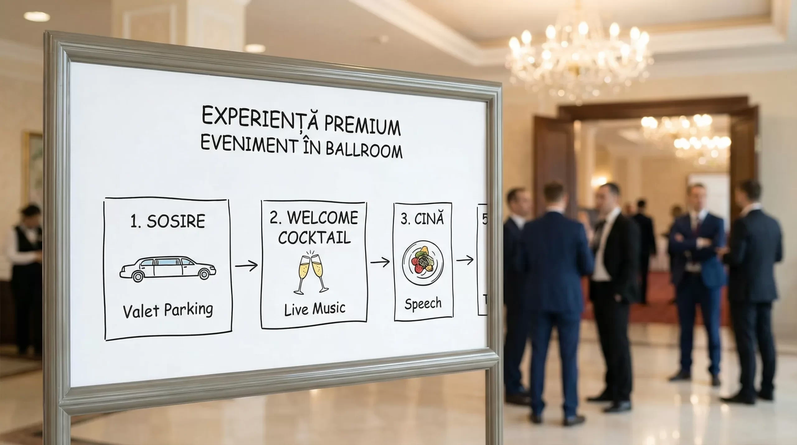 Ballroom events București: cum arată un eveniment premium 3 Diagramă simplă a experienței într-un eveniment premium în ballroom: sosire, welcome cocktail, cină, party, after, fiecare etapă cu 1-2 elemente cheie.