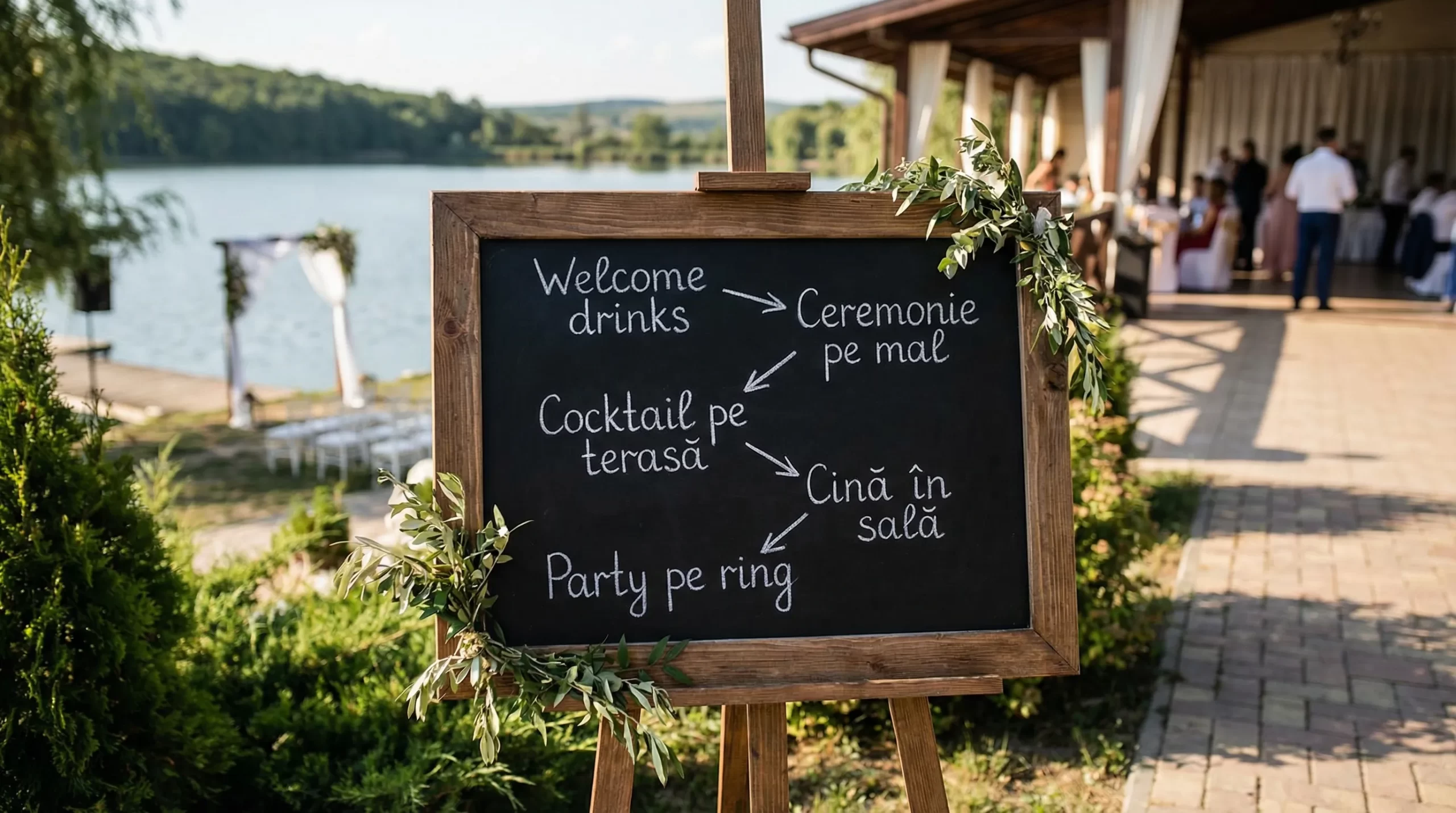 Diagramă simplă a fluxului unei nunți la lac: Welcome drinks, Ceremonie pe mal, Cocktail pe terasă, Cină în sală, Party pe ring.