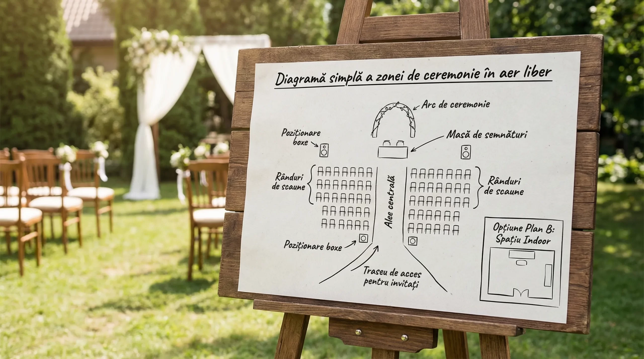 Cununie în aer liber: acte, logistică și reguli de bun-simț 3 Diagramă simplă a zonei de ceremonie în aer liber: alee centrală, arc de ceremonie, masă de semnături, rânduri de scaune, poziționare boxe și traseu de acces pentru invitați, plus o opțiune de plan B într-un spațiu indoor apropiat.