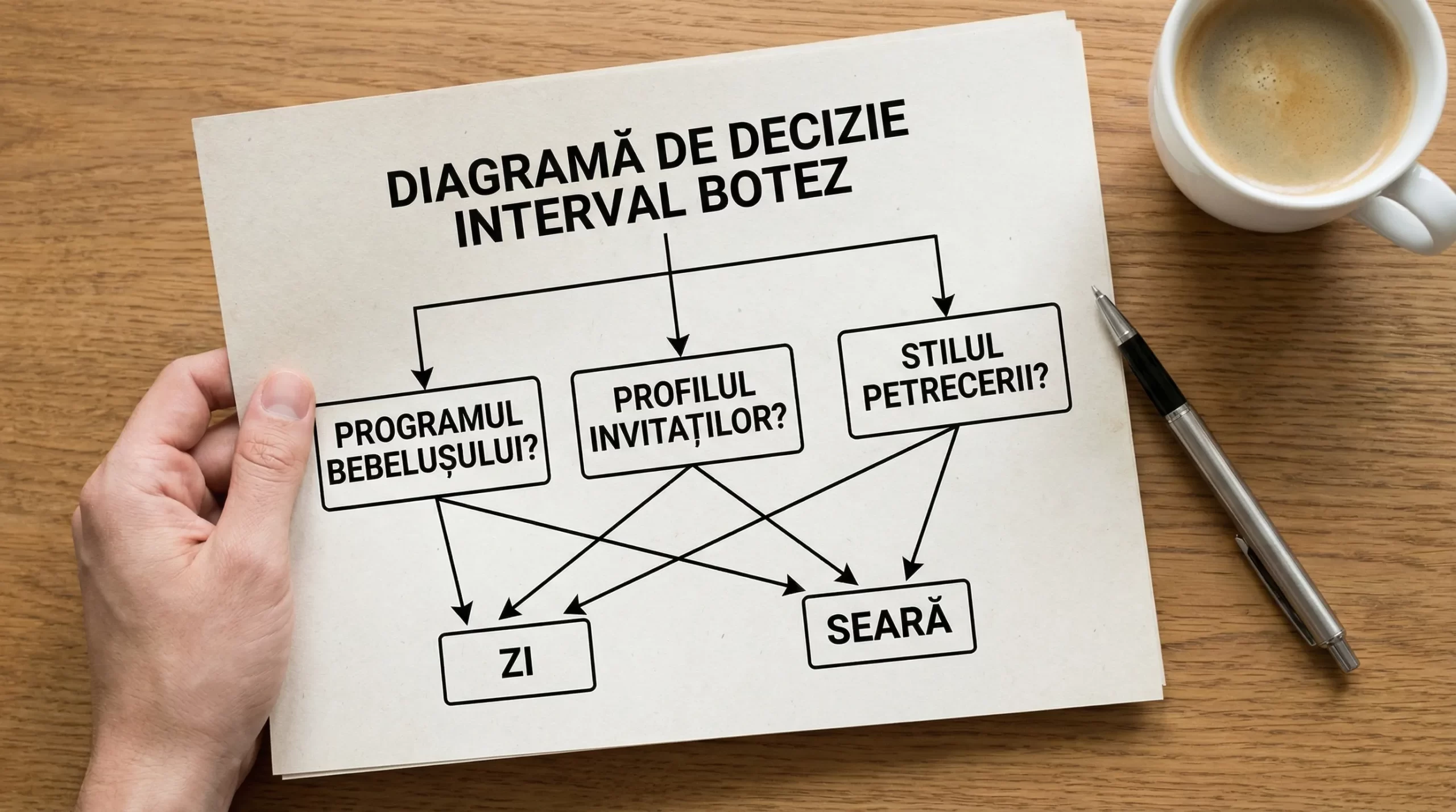 Diagramă simplă de decizie pentru alegerea intervalului la botez, cu trei întrebări principale: programul bebelușului, profilul invitaților, stilul petrecerii, ducând la două opțiuni finale: zi sau seară.
