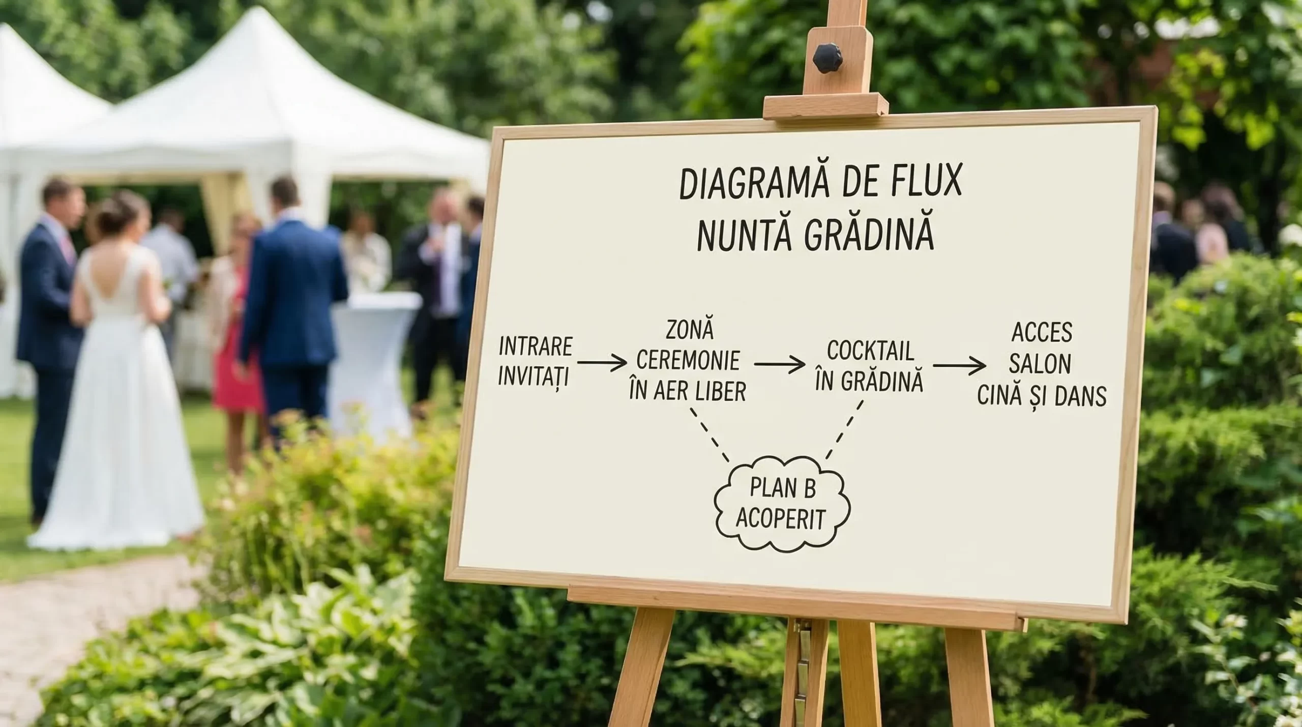 Diagramă simplă de flux pentru o nuntă cu grădină: intrare invitați, zonă ceremonie în aer liber, cocktail în grădină, acces către salon pentru cină și dans, plus un plan B acoperit.