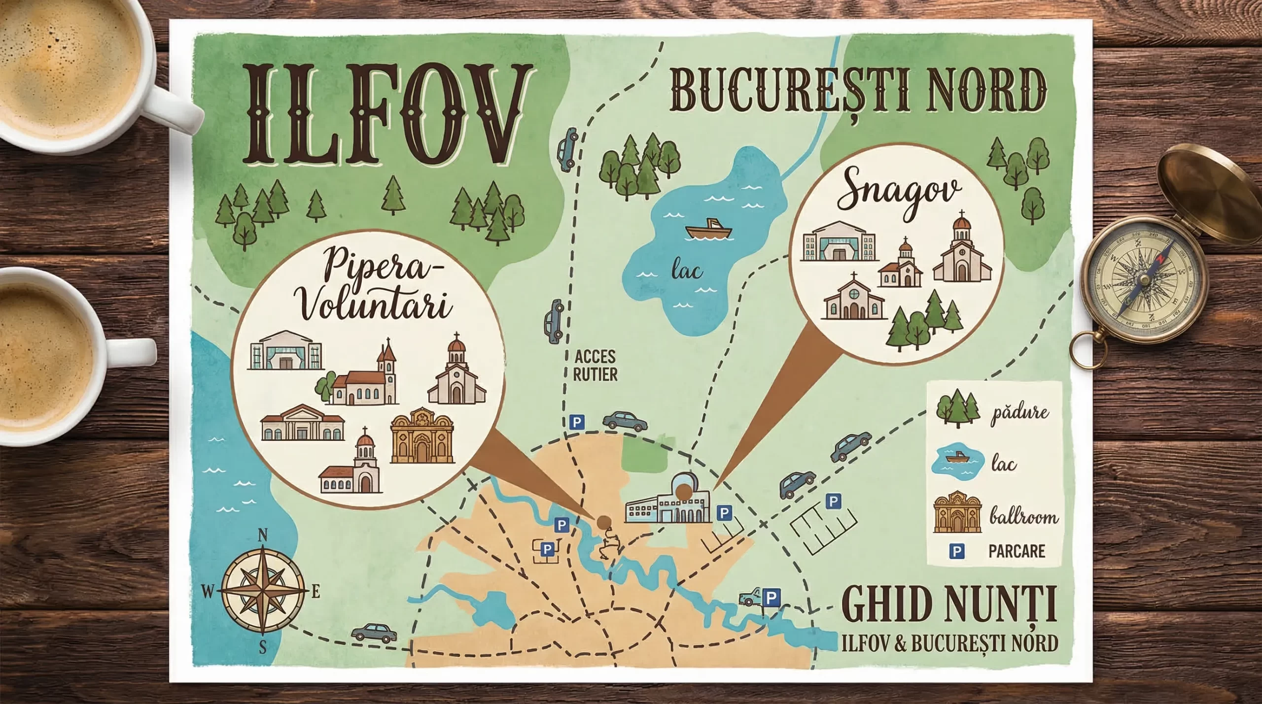 Locații nuntă lângă București: opțiuni premium în Ilfov 2 Hartă stilizată a județului Ilfov și nordului Bucureștiului, cu repere pentru zone populare de nunți (Pipera-Voluntari, Snagov), pictograme pentru pădure, lac și ballroom, plus marcaje pentru acces rutier și parcare.