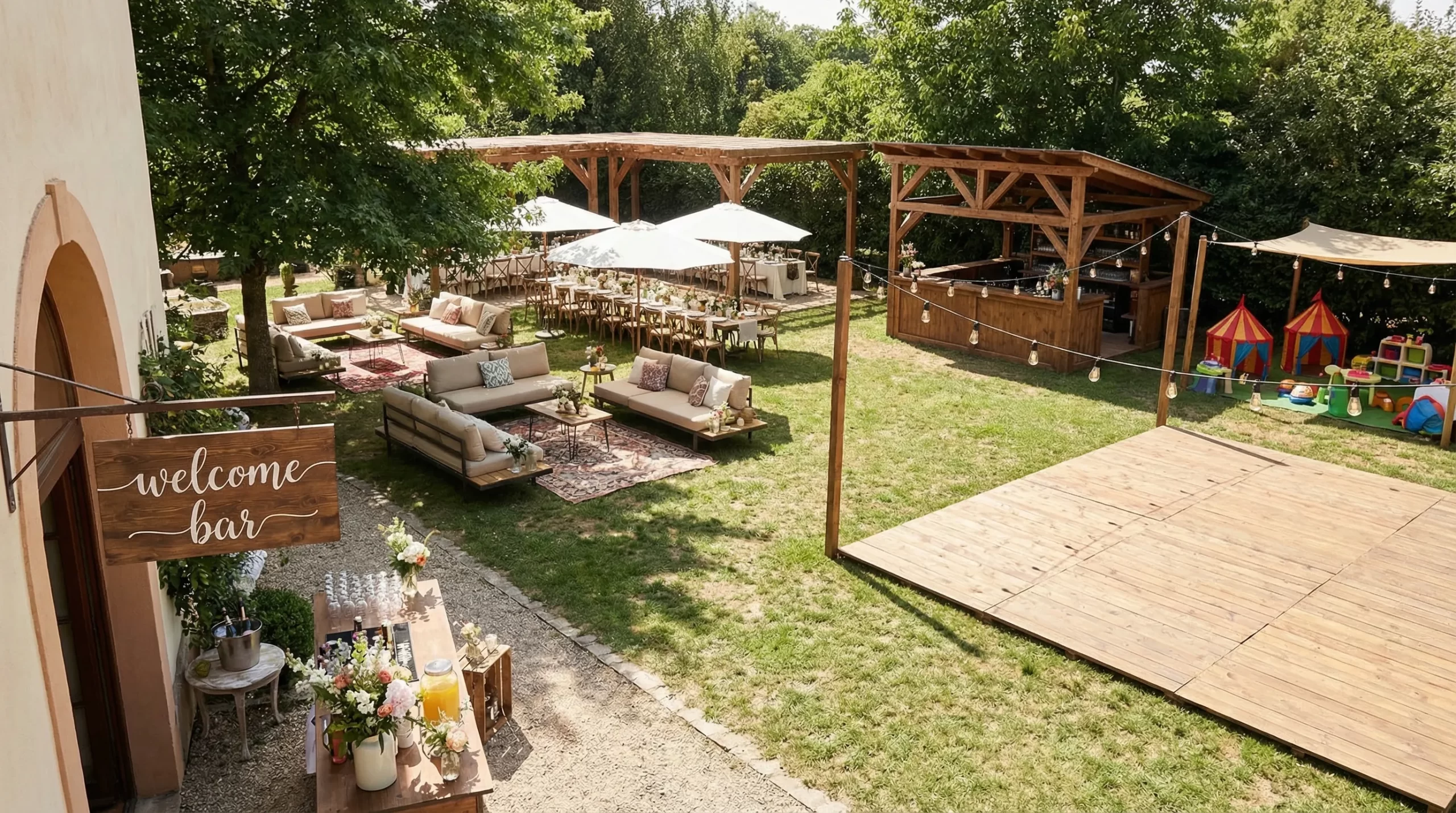 Garden party București: idei de setup, meniu și muzică 2 Ilustrație de layout pentru garden party: welcome bar la intrare, zonă lounge cu canapele joase, mese de dining sub umbrele sau pergolă, ring de dans cu ghirlande luminoase și un bar principal separat, plus un colț pentru copii în umbră.