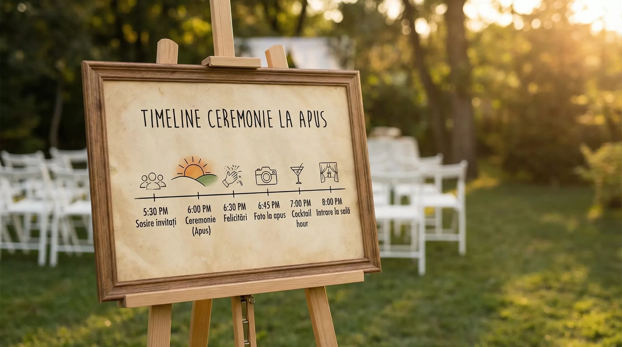 Snagov By The Lake: sfaturi pentru ceremonie și apus perfect 3 Infografic simplu cu timeline-ul unei ceremonii la apus: Sosire invitati, Ceremonie, Felicitari, Foto la apus, Cocktail hour, Intrare la sala, toate marcate relativ la ora apusului.