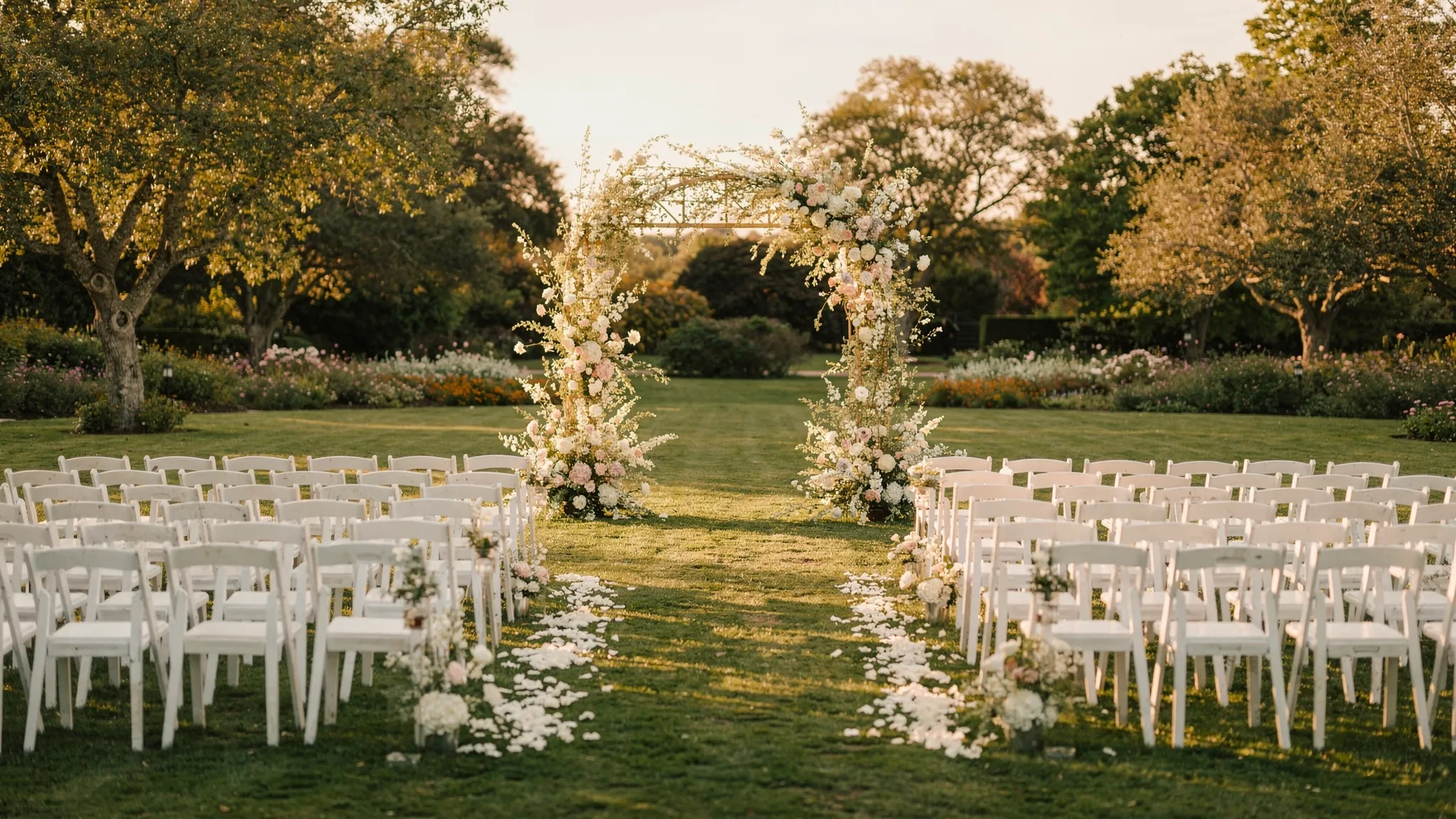 Cununie în aer liber: acte, logistică și reguli de bun-simț 2 O ceremonie civilă în aer liber într-o grădină elegantă, cu arc floral minimalist, rânduri de scaune albe, alee centrală și lumină caldă de seară. În fundal se vede un cadru natural cu copaci și un spațiu curat, fără elemente tehnice la vedere.