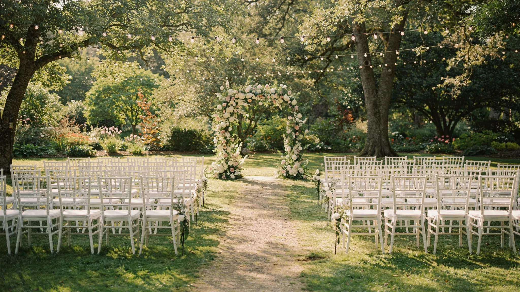 O grădină de evenimente pregătită pentru ceremonie de nuntă: arc floral simplu, rânduri de scaune albe pe iarbă, alee centrală, luminițe decorative suspendate și zone de umbră naturală de la copaci.