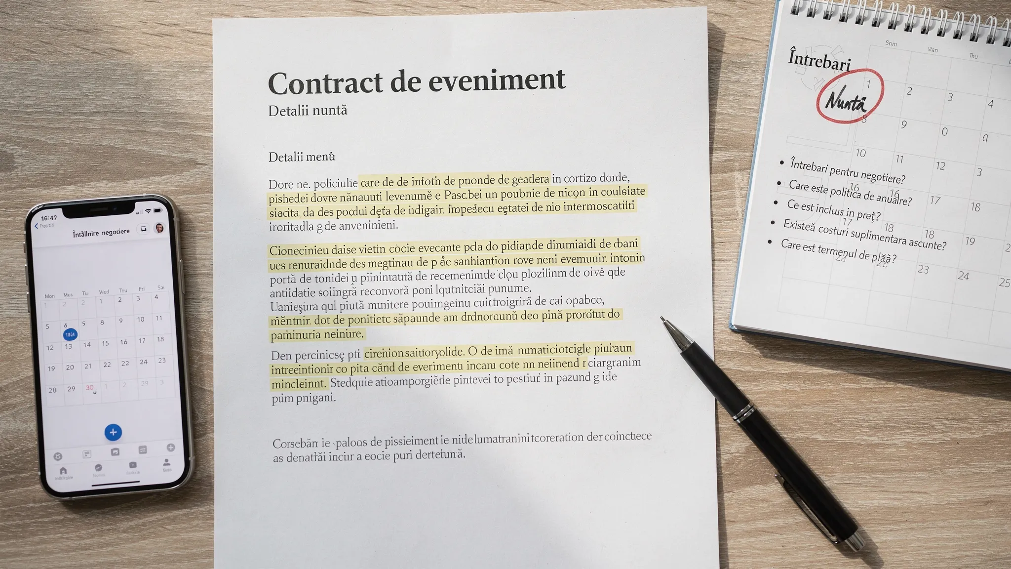 O pagină de contract de eveniment cu secțiuni evidențiate și o listă de întrebări pentru negociere, lângă un telefon și un calendar cu data nunții încercuită.