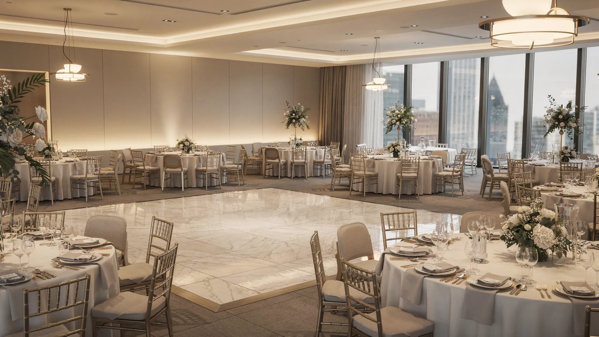 Jubile Concept București: pentru ce tip de eveniment e ideal 2 O sală de evenimente modernă, elegantă, cu mese rotunde aranjate pentru nuntă sau botez, lumini calde ambientale, decor floral minimalist și ring de dans central, într-o atmosferă premium urbană.