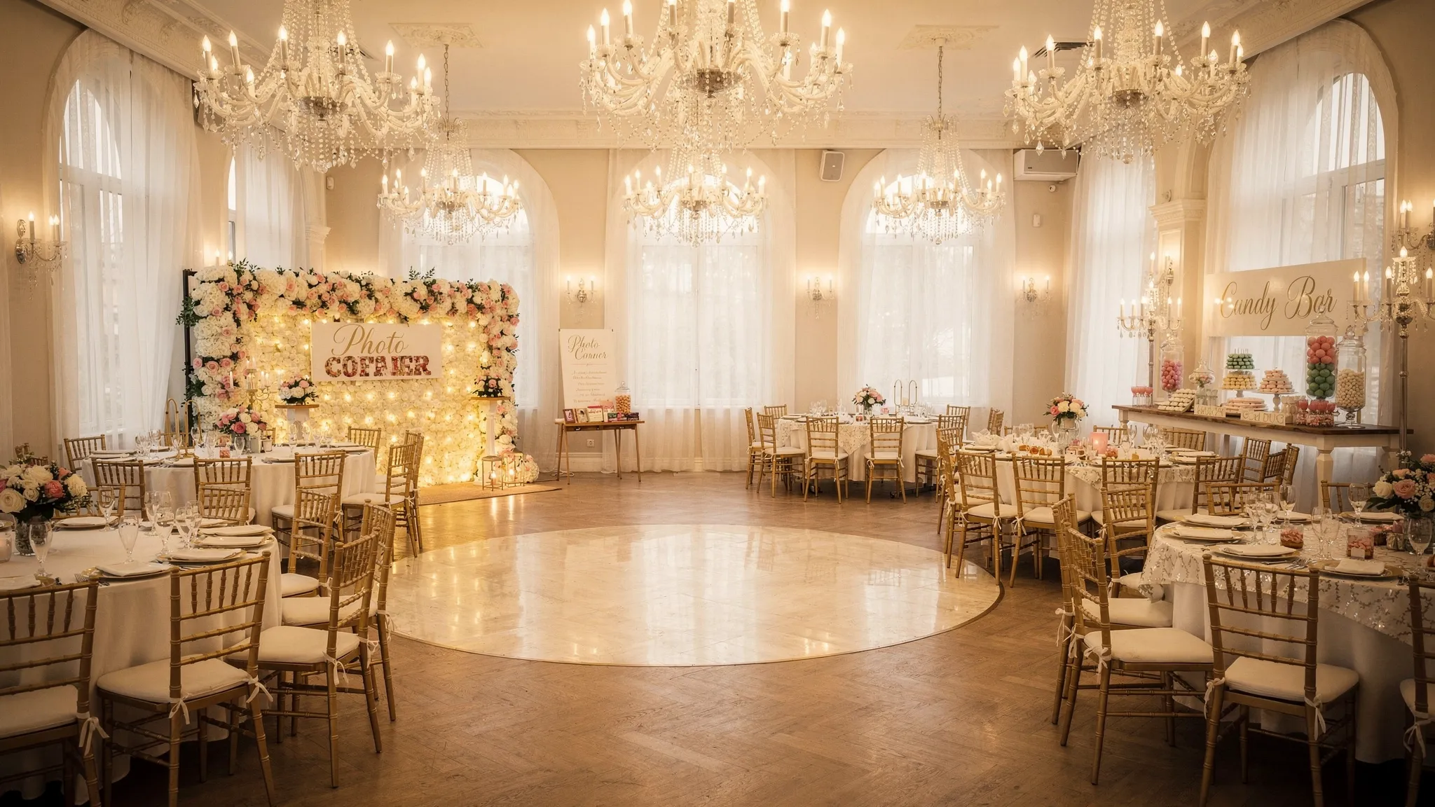 Restaurante București nuntă: semne că ai ales locul potrivit 2 O sală elegantă de evenimente pregătită pentru nuntă, cu mese rotunde aranjate simetric, scaune elegante, lumină caldă ambientală, ring de dans central și zonă dedicată pentru candy bar și photo corner.