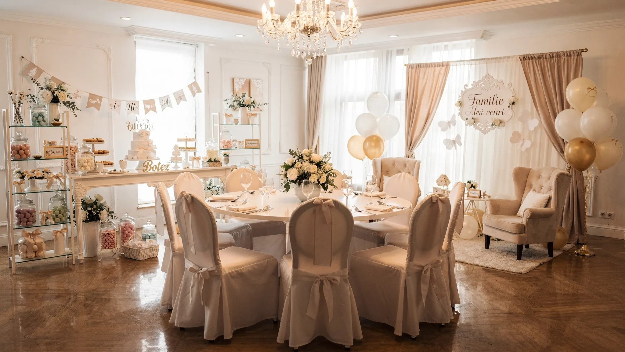 Locații botez București: ghid pentru părinți ocupați 2 O sală elegantă pregătită pentru botez, cu mese rotunde aranjate, decor floral discret în tonuri neutre, lumină caldă, o masă de candy bar și un colț foto pentru familie.
