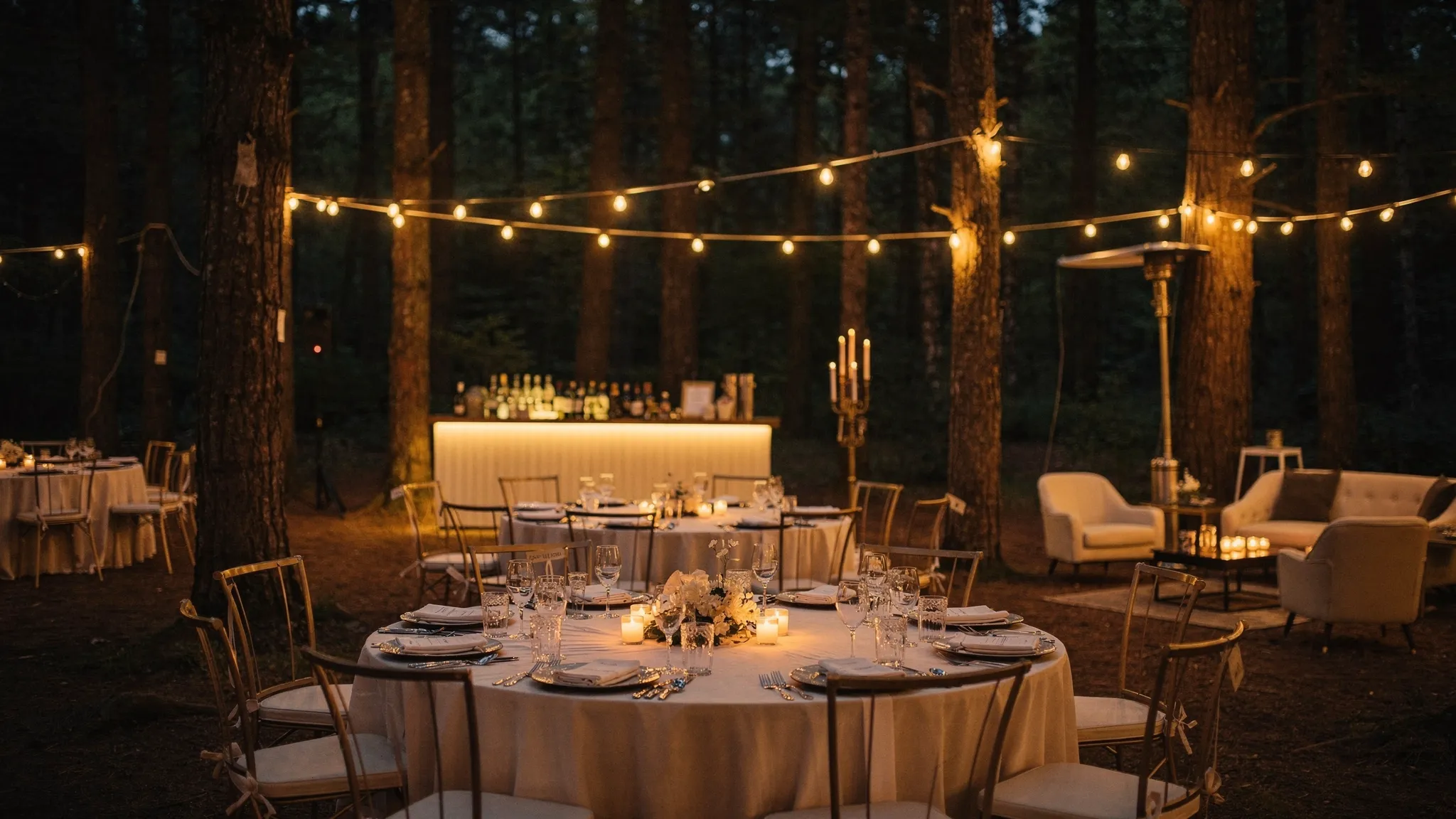 Recepție de nuntă în pădure seara, cu mese rotunde elegante, textile ivoire, lumini calde suspendate între copaci, bar discret luminat și zonă de lounge cu fotolii.