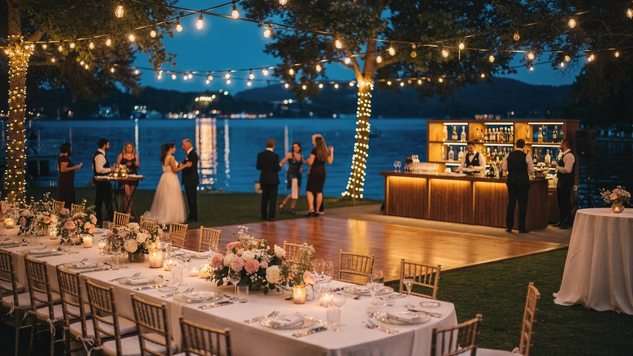 Recepție de nuntă pe malul lacului după apus, cu lumini ambientale calde, mese elegante, ghirlande luminoase reflectate în apă, bar tematic discret și ring de dans în apropiere, atmosferă sofisticată.