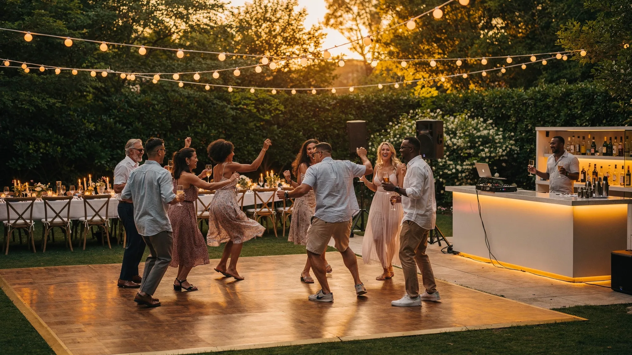 Garden party București: idei de setup, meniu și muzică 3 Scenă de garden party la apus: ring de dans în aer liber cu ghirlande luminoase, DJ booth discret, invitați dansând, mese iluminate cald în fundal și un bar cu lumini ambientale.