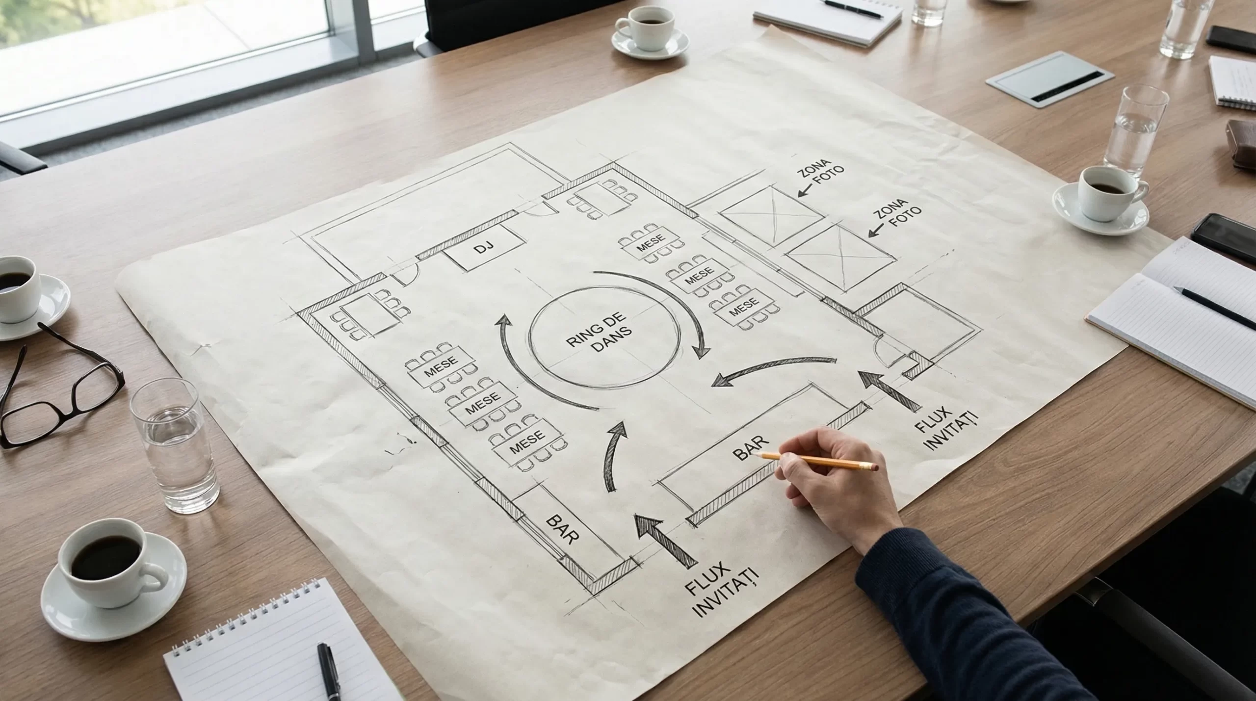Schiță simplă de aranjare a unei săli de eveniment: mese dispuse în jurul unui ring de dans central, DJ într-un capăt, bar pe lateral și două zone foto marcate aproape de lumină naturală, cu săgeți pentru fluxul invitaților.