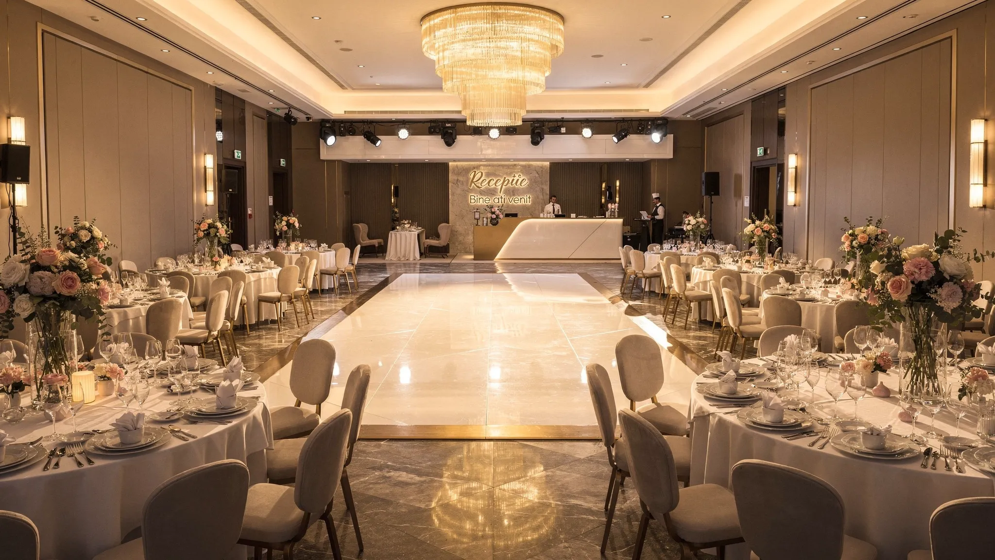 Un ballroom elegant pregătit pentru eveniment, cu mese rotunde aranjate simetric, ring de dans central, lumini calde ambientale și un decor floral rafinat. În fundal se vede zona de primire, iar spațiul transmite un stil premium, modern, potrivit pentru nuntă sau corporate.