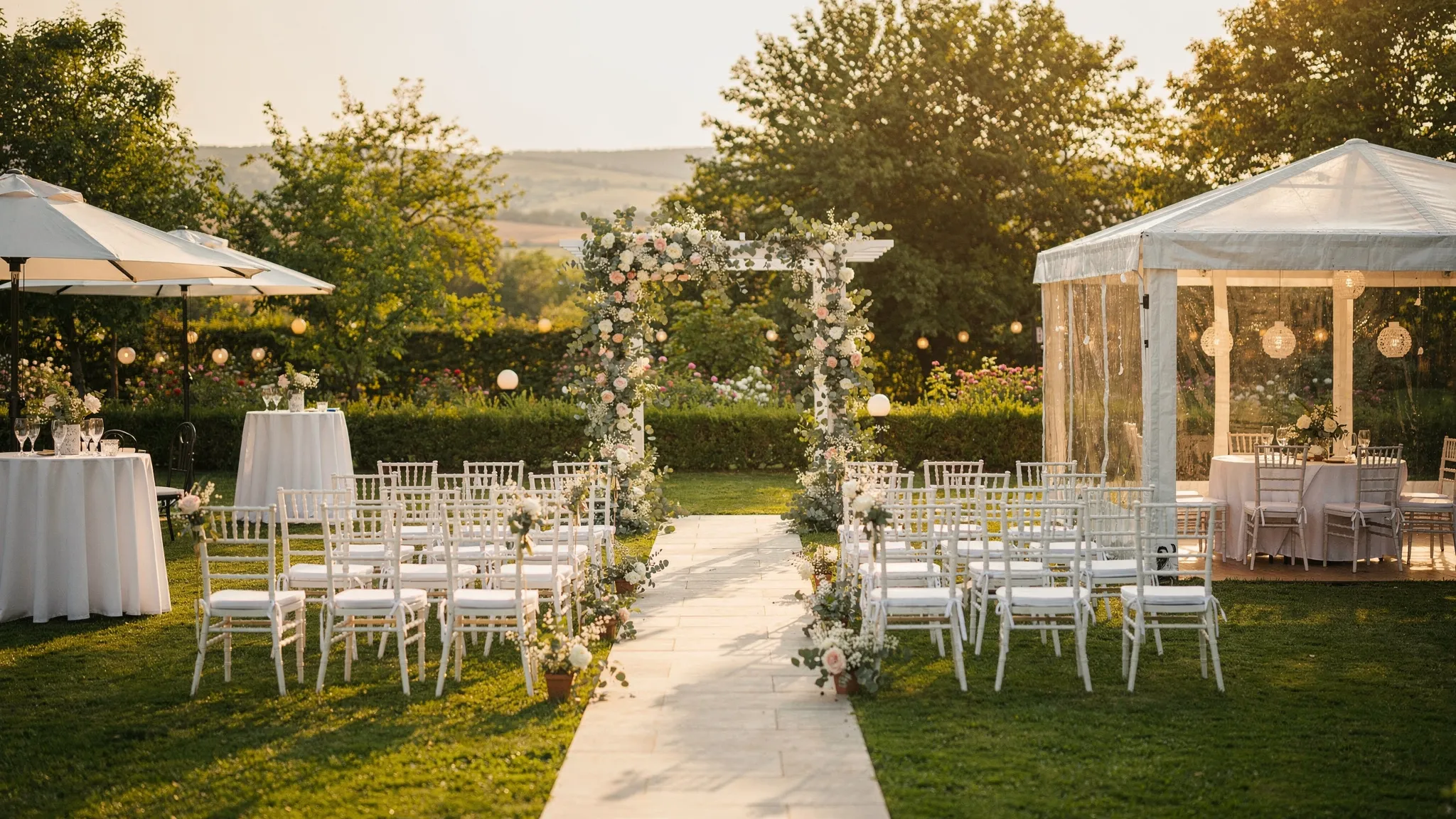 Un cadru cu o ceremonie de nuntă în aer liber lângă București: alee de acces, zonă de ceremonie cu arc floral, scaune aranjate, zonă de cocktail cu umbrele și un colț acoperit pentru planul de ploaie.