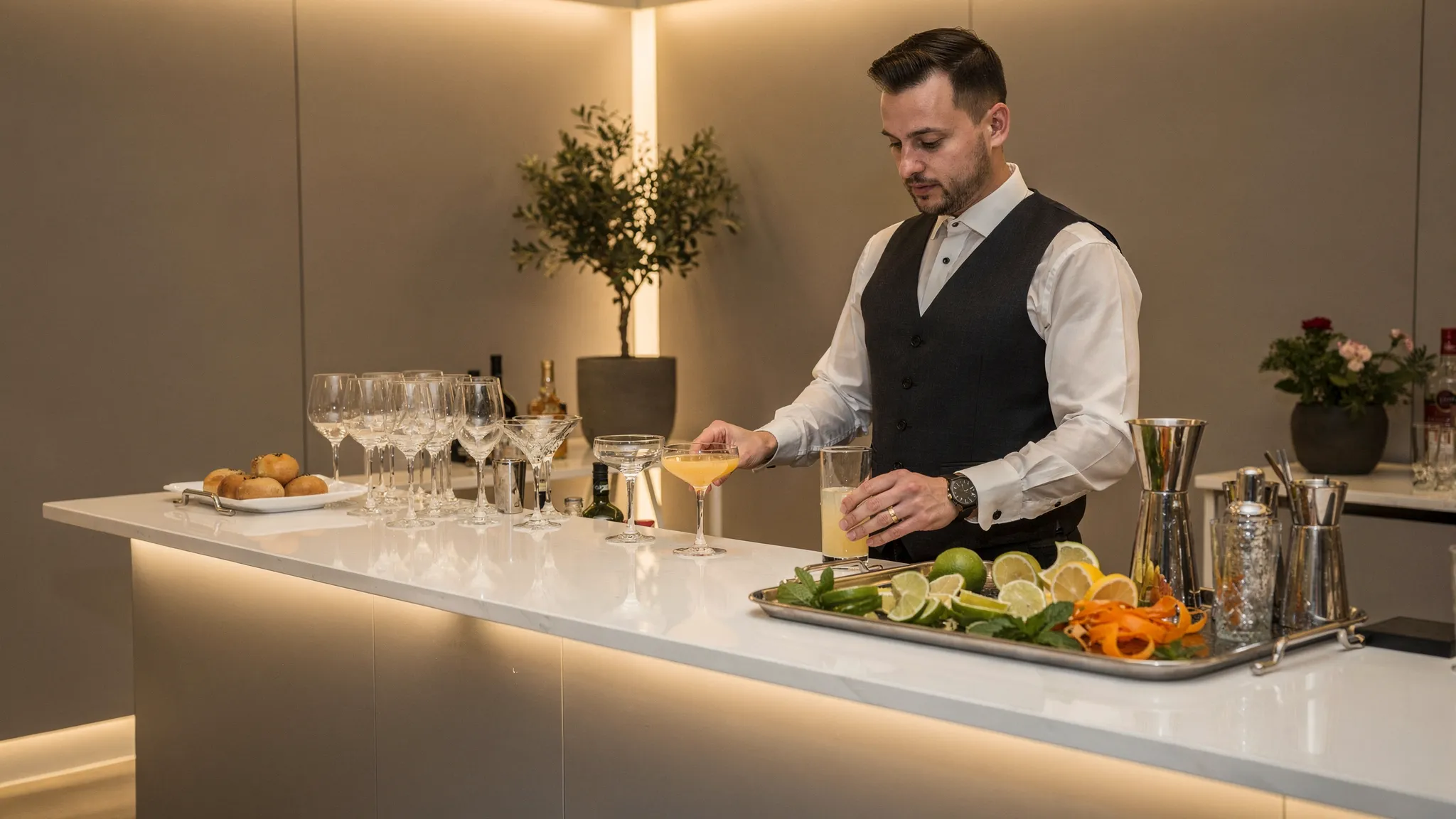 Jubile Concept București: pentru ce tip de eveniment e ideal 3 Un colț de cocktail bar tematic la un eveniment premium, cu pahare elegante, garnish-uri proaspete, un barman pregătind băuturi, lumini calde și decor minimalist, fără ecrane sau logo-uri vizibile.