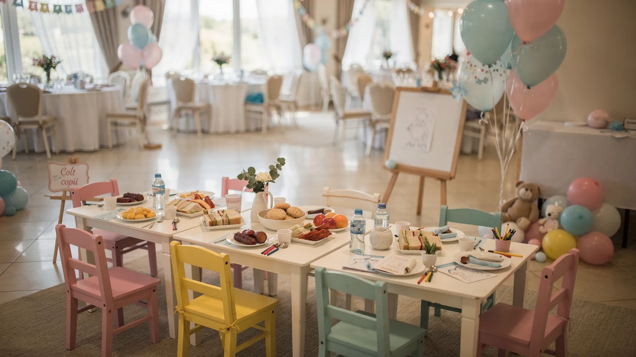 Meniu botez Jubile: opțiuni light, premium și kids friendly 3 Un colț kids friendly la un botez, cu mese joase pentru copii, gustări potrivite vârstei și decor jucăuș integrat elegant în spațiul evenimentului.