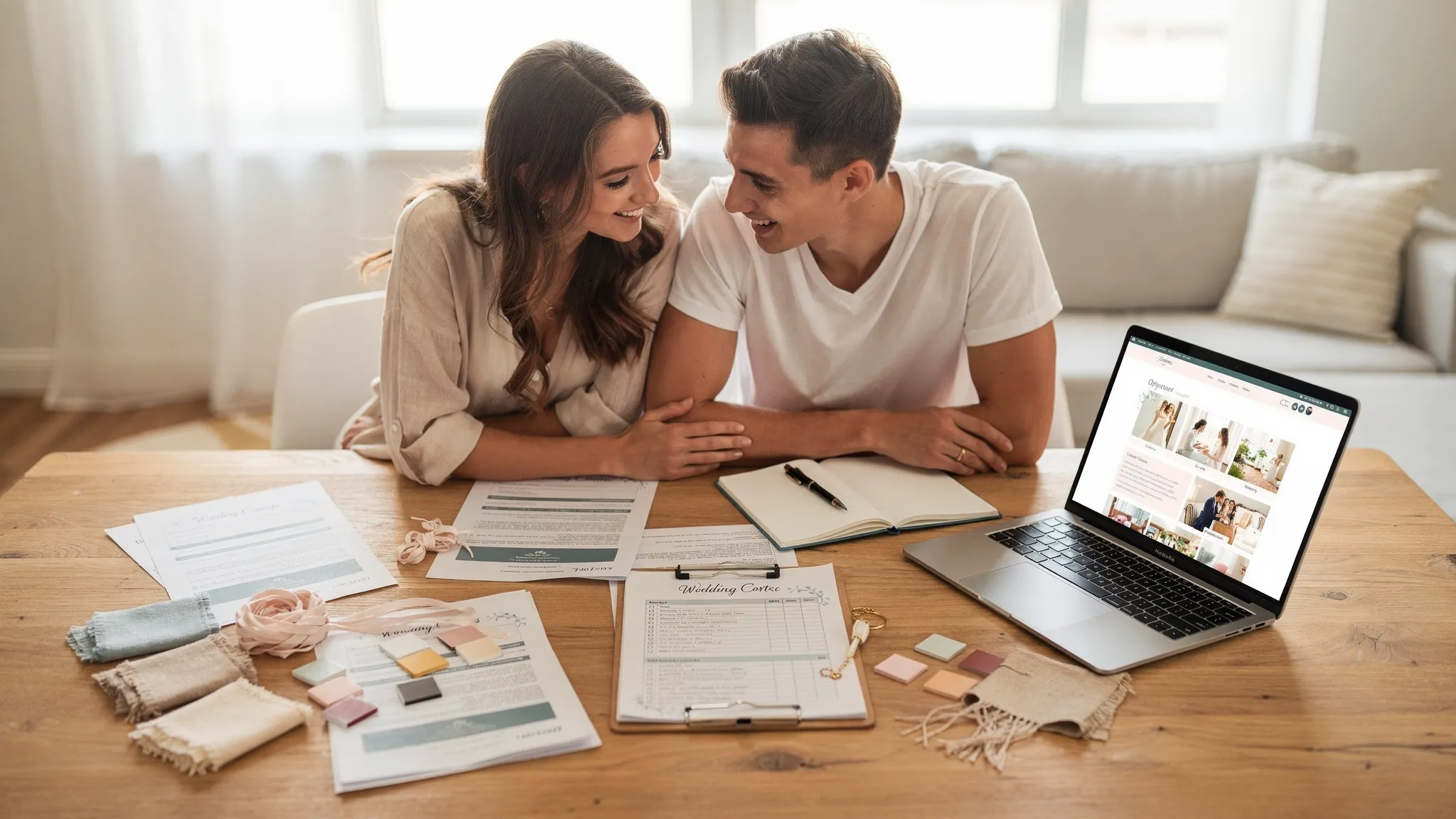 Un cuplu planifică nunta la o masă, cu mai multe oferte tipărite, un laptop cu ecran orientat spre ei și un checklist de contract; pe masă se văd mostre de culori și un pix pentru notițe.