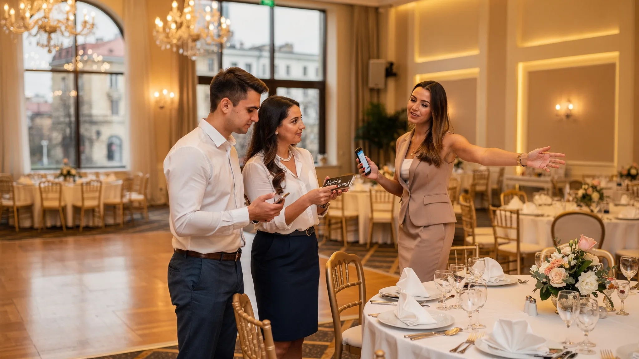 Un cuplu vizitează un salon elegant de nuntă în București și își notează observațiile pe telefon, în timp ce un consultant le arată zona ringului de dans, aranjamentele de mese și iluminatul ambiental.