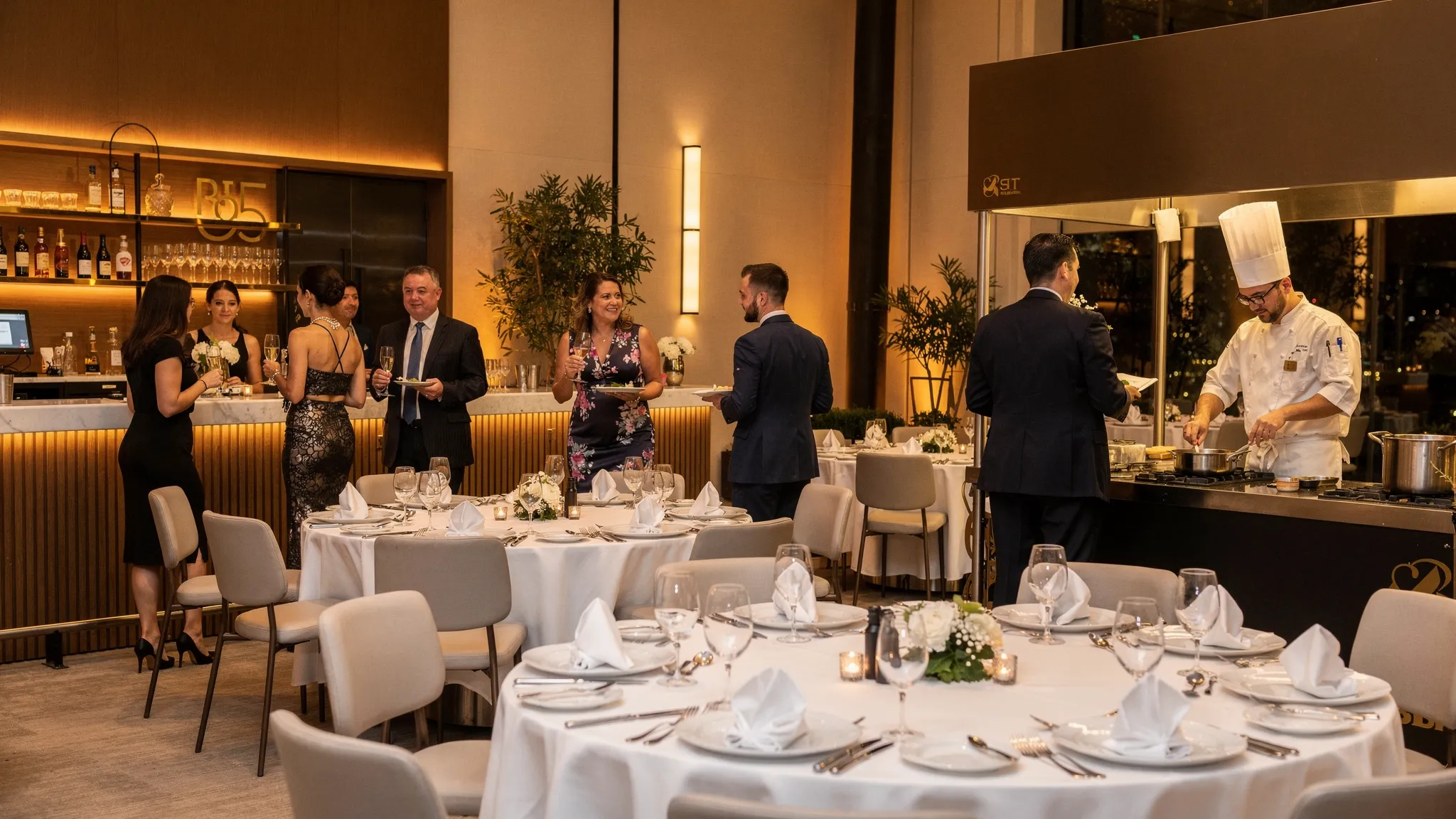 Jubile Concept meniu: cum alegi stilul de servire potrivit 2 Un eveniment elegant la interior, cu invitați socializând lângă un bar tematic și o stație de live cooking, în timp ce în fundal se văd mese aranjate pentru servire la masă.