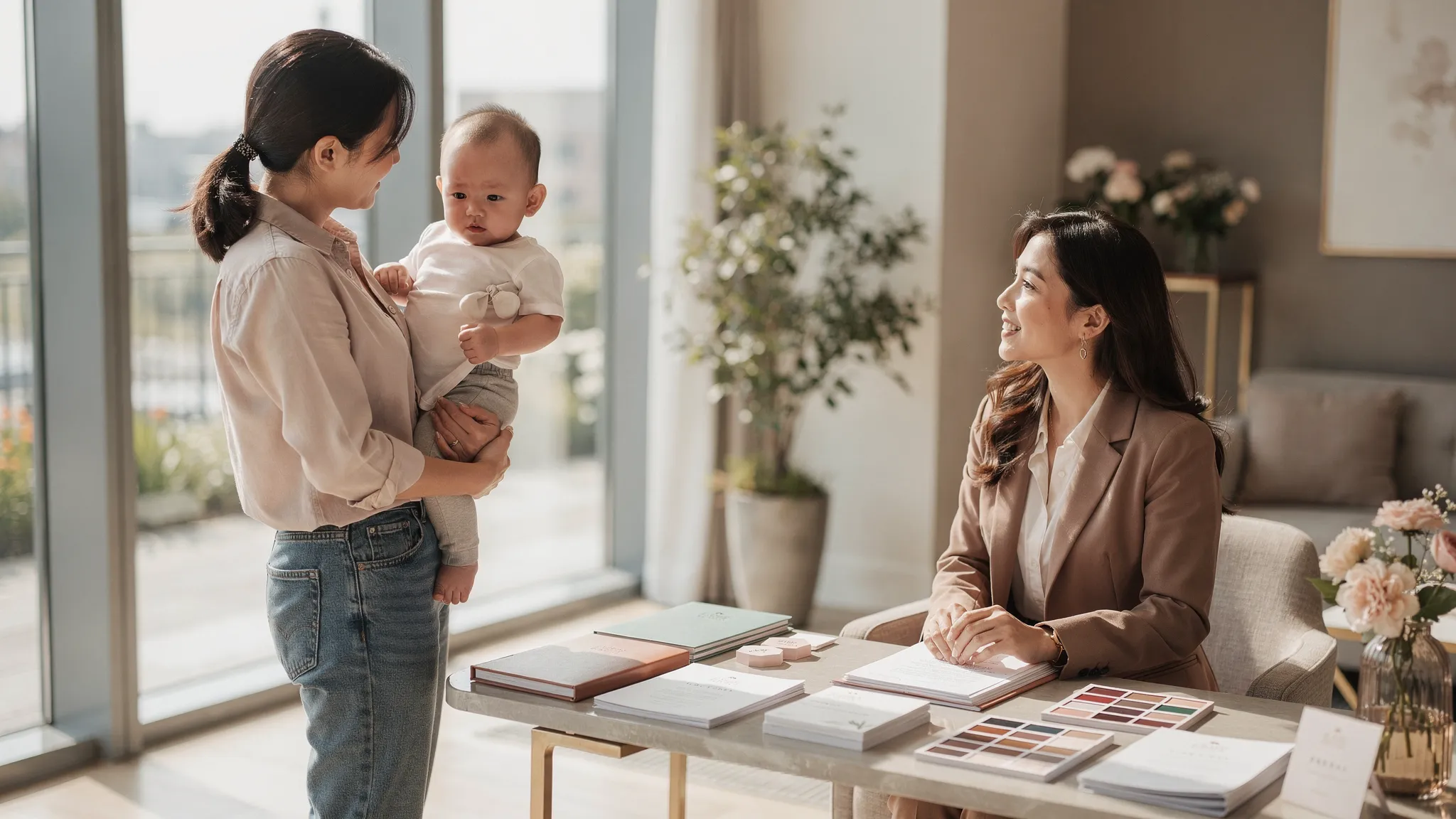 Locații botez București: ghid pentru părinți ocupați 3 Un părinte ținând în brațe un bebeluș, discutând cu un consultant de eveniment într-un spațiu luminos de recepție, cu mostre de meniuri și un decor discret în fundal, atmosferă calmă și premium.