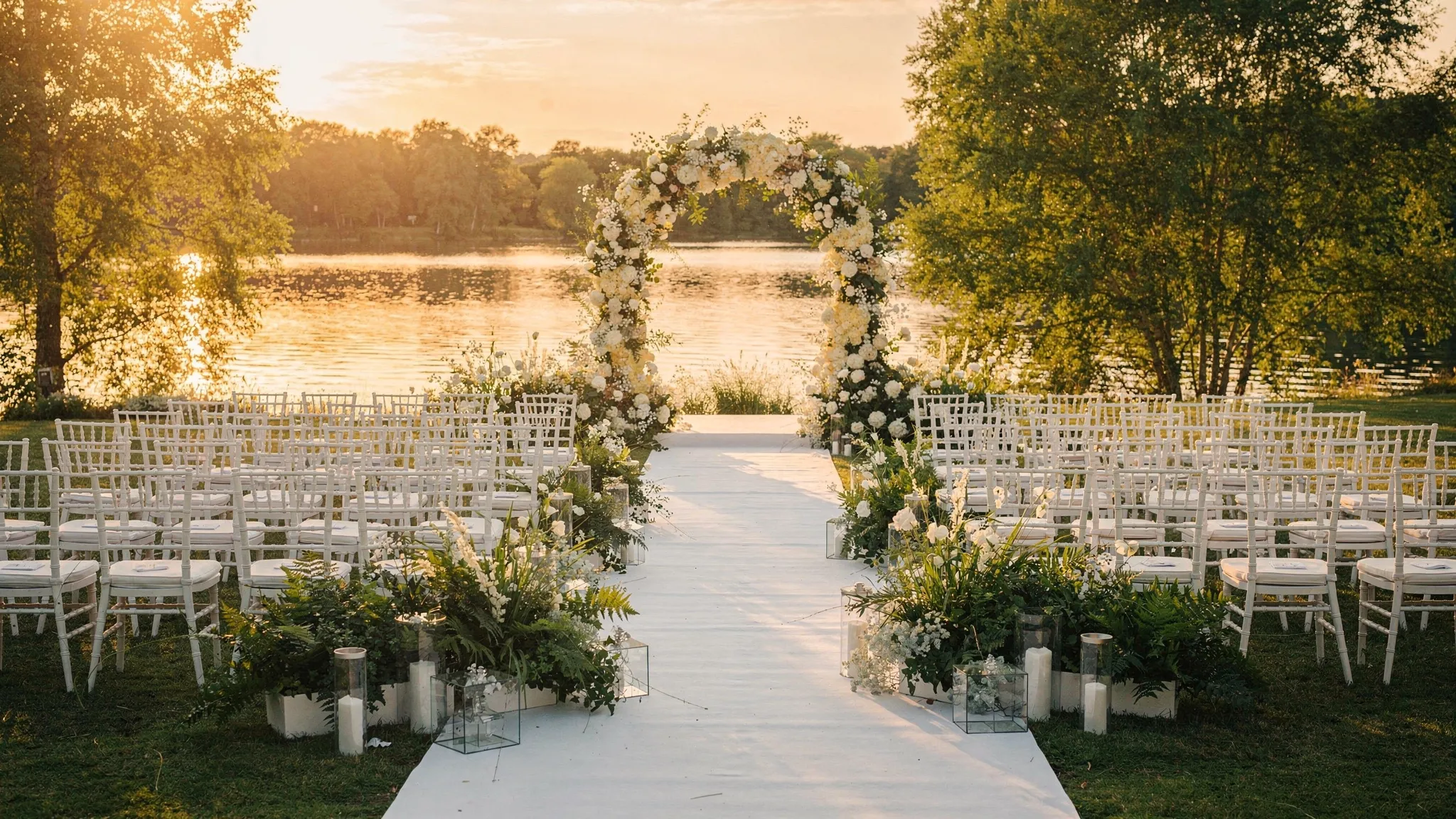Restaurante București nuntă: semne că ai ales locul potrivit 3 Un spațiu de ceremonie în aer liber pentru nuntă, cu arc floral minimalist, alee delimitată de aranjamente verzi, scaune așezate ordonat și un fundal natural cu lac și copaci, pregătit pentru fotografii la apus.
