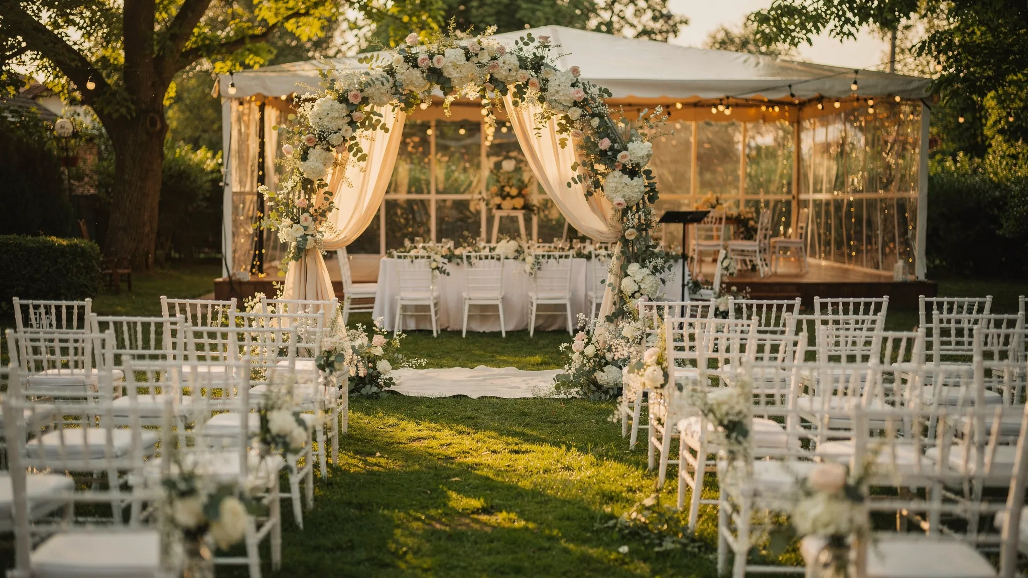 Ceremonie elegantă într-o grădină din zona Bucureștiului, cu arc floral și scaune albe pe gazon, iar în fundal se vede discret o zonă semi-acoperită pregătită pentru varianta meteo, cu lumini calde și aranjamente similare.
