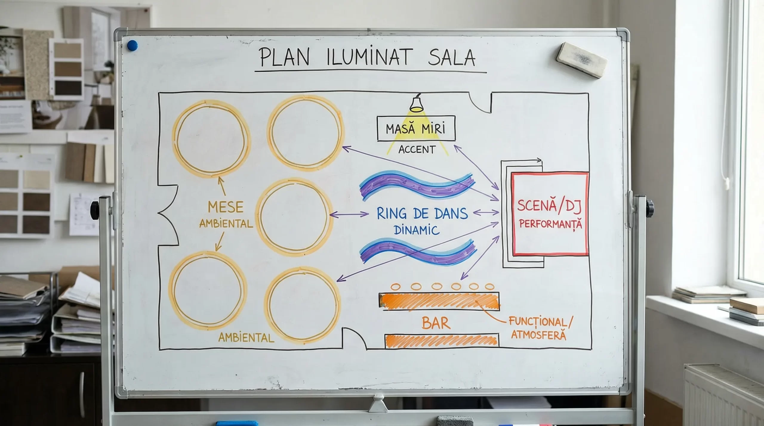 Diagramă simplă a unei săli de evenimente cu zone marcate pentru lumină în straturi: mese, ring de dans, masă miri, bar, scenă/DJ.