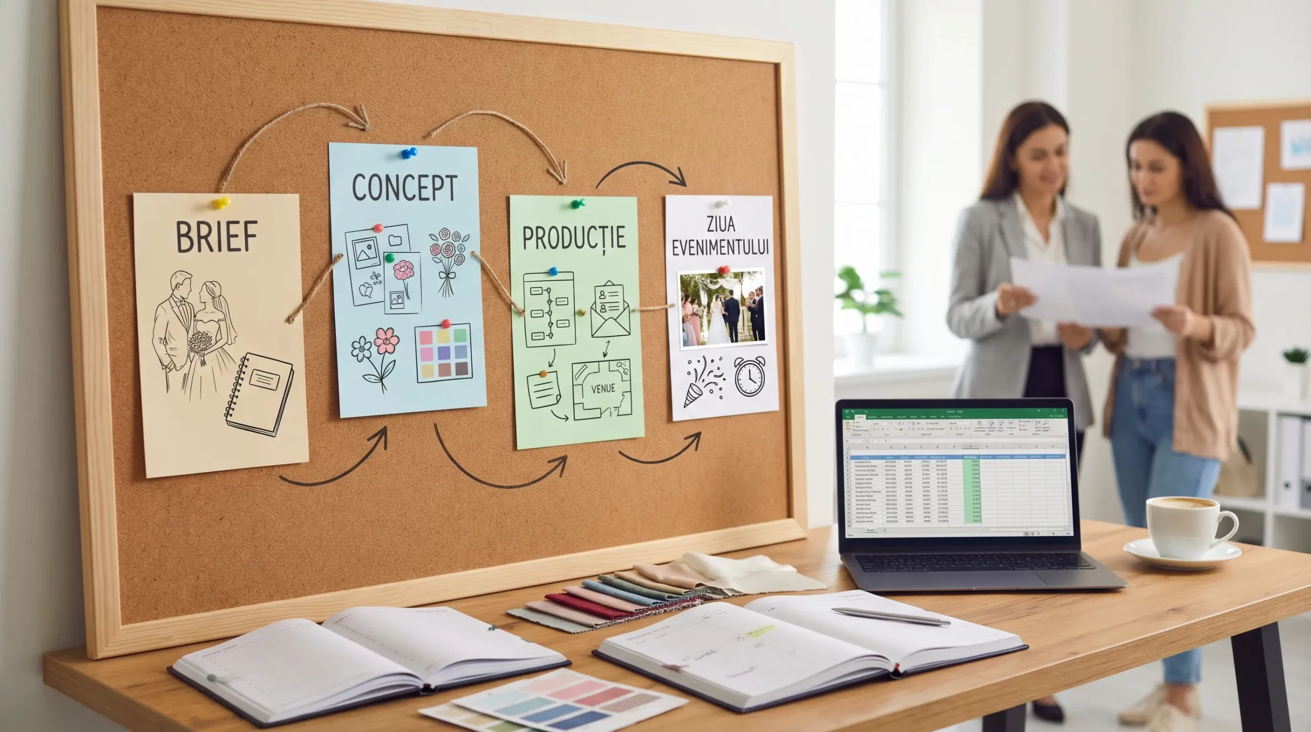 Diagramă simplă cu 4 etape pentru organizarea unei nunți cu consultant: Brief, Concept, Producție, Ziua evenimentului.