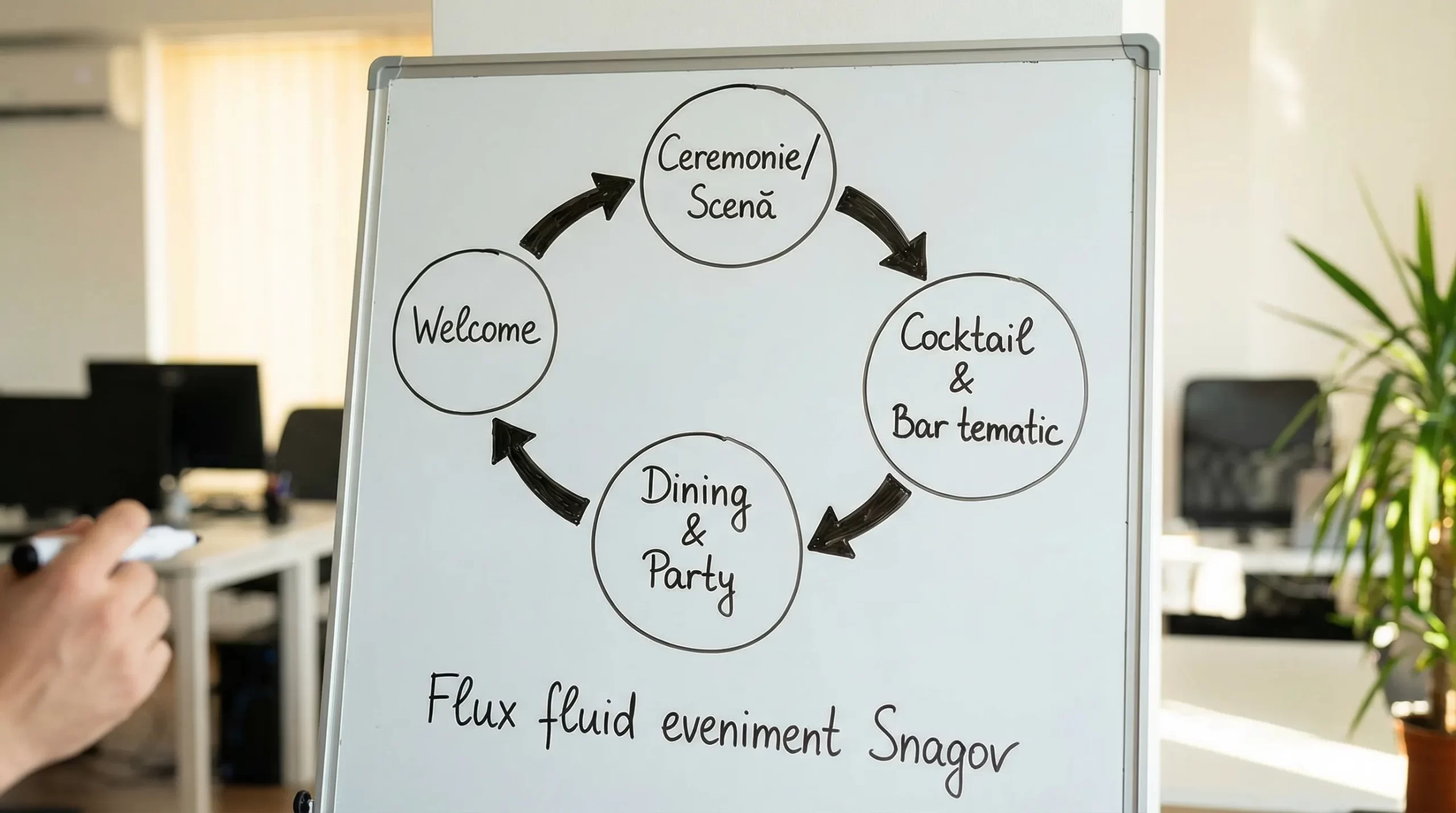 Locații evenimente Snagov: idei pentru corporate și private 3 Diagramă simplă cu 4 zone pentru un eveniment în Snagov: Welcome, Ceremonie/Scenă, Cocktail & Bar tematic, Dining & Party, conectate prin săgeți pentru un flux fluid.