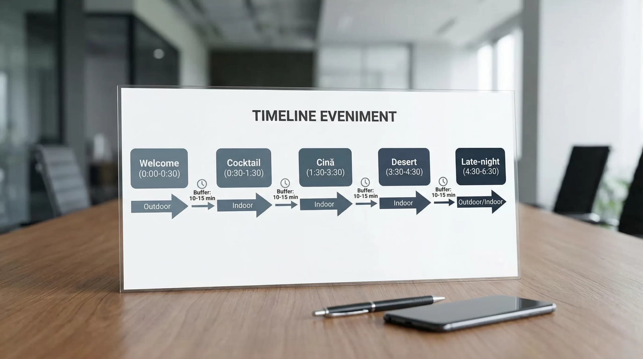 Meniu evenimente: cum calculezi corect cantitățile și momentele 2 Diagramă simplă cu timeline-ul unui eveniment: Welcome (0:00-0:30), Cocktail (0:30-1:30), Cină (1:30-3:30), Desert (3:30-4:30), Late-night (4:30-6:30), cu săgeți care arată tranzițiile dintre zone (outdoor/indoor) și buffer de 10-15 minute între momente.