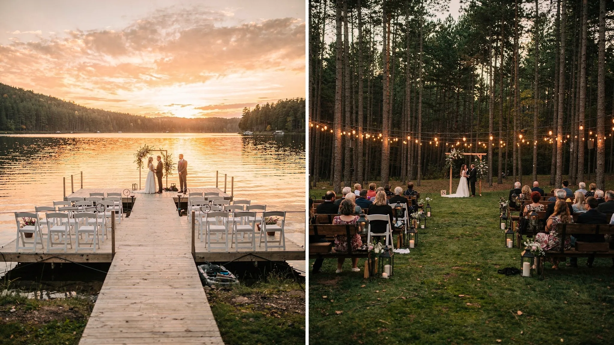 Două cadre alăturate din aceeași zi: în stânga, ceremonie la marginea unui lac cu ponton și apus; în dreapta, ceremonie într-o poiană cu copaci înalți, lumini calde și alee de acces.