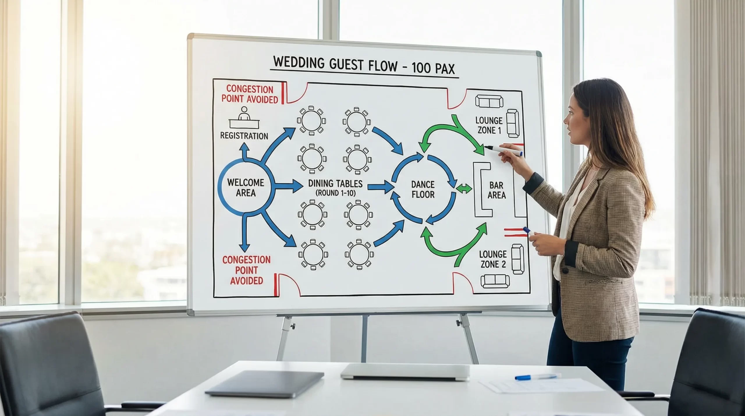 Restaurant nuntă București 100 persoane: layout și flow corect 3 Ilustrație conceptuală a flow-ului invitaților la o nuntă de 100 persoane: săgeți care arată traseul din zona de welcome către mese, apoi către ring și bar, cu puncte de aglomerare evitate și zone de lounge marcate.