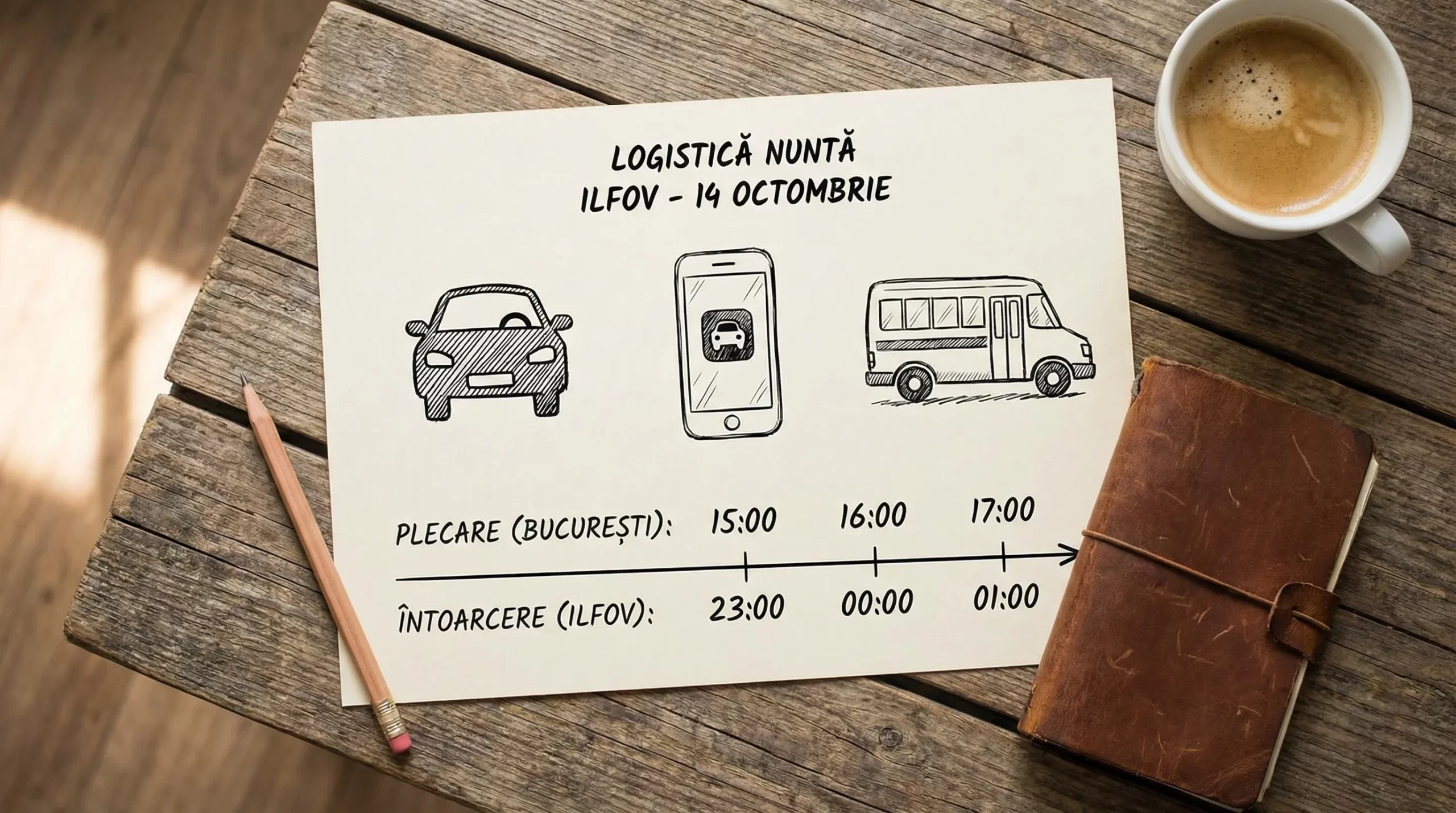 Ilustrație cu un plan simplu de logistică pentru invitați la o nuntă în Ilfov: pictograme pentru mașină, ridesharing și shuttle, plus un mini-timeline cu ore de plecare și întoarcere.