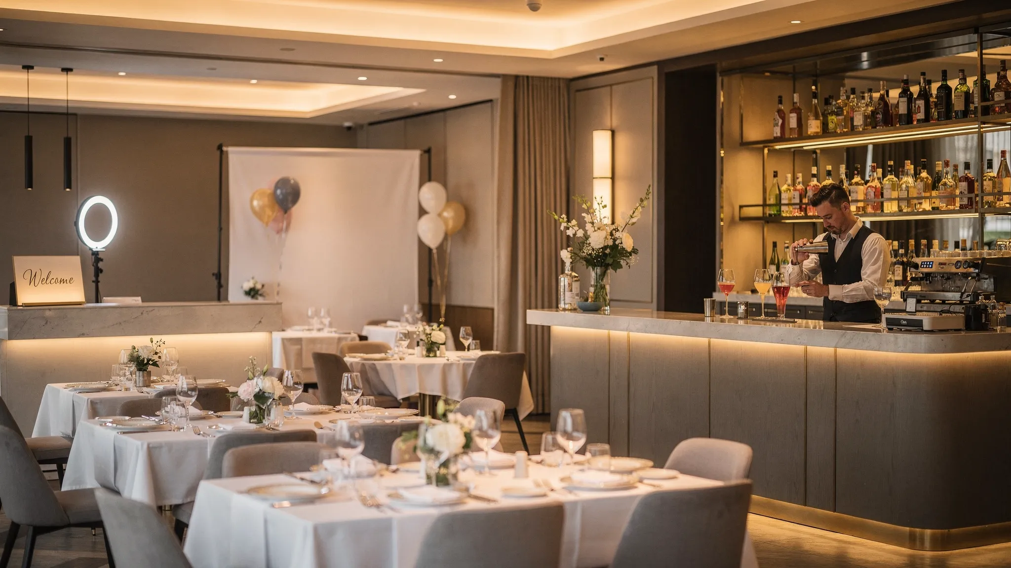 Restaurant aniversare București: idei de concept și bar tematic 2 O aniversare elegantă într-un restaurant premium, cu zonă de welcome, mese aranjate rafinat și un bar tematic de mixologie la vedere, unde barmanul pregătește cocktailuri; în fundal se văd lumini calde, decor minimalist și un mic photo-corner.