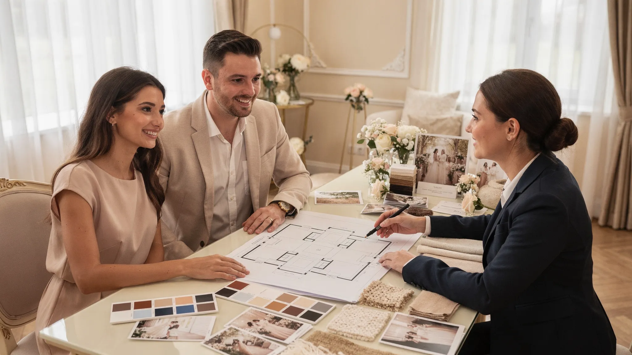 O întâlnire de consultanță pentru nuntă într-un spațiu elegant, cu un cuplu și un consultant discutând peste mostre de culori, texturi și un plan simplu de sală, pe o masă luminoasă.