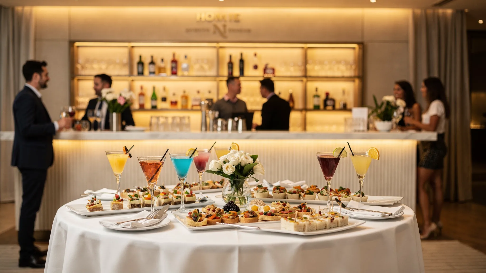 O masă de cocktail cu platouri elegante și un bar tematic la un eveniment, invitații socializează în fundal, iar spațiul are lumină caldă și decor modern.