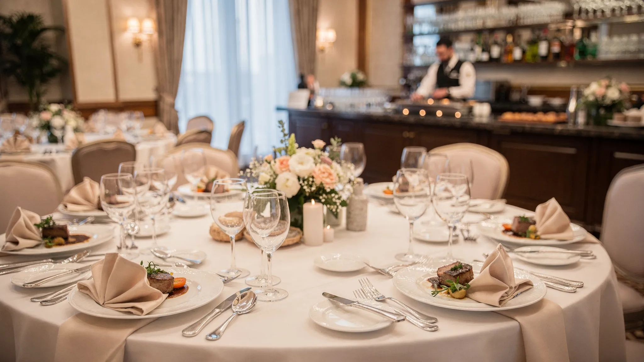 O masă elegantă la un eveniment, cu farfurii plated atent aranjate, plus în fundal o zonă separată de bar tematic sau stație live, sugerând formatul mixed.