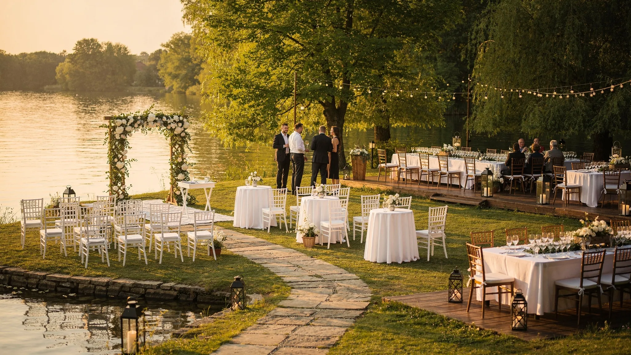 Nuntă Snagov: program recomandat pentru o zi fără timpi morți 2 O scenă de nuntă în Snagov organizată pe zone distincte: ceremonie outdoor cu scaune aliniate, o zonă de cocktail cu mese înalte și o terasă luminată cu ghirlande, toate conectate prin alei clar marcate, astfel încât invitații să se deplaseze natural fără aglomerație.