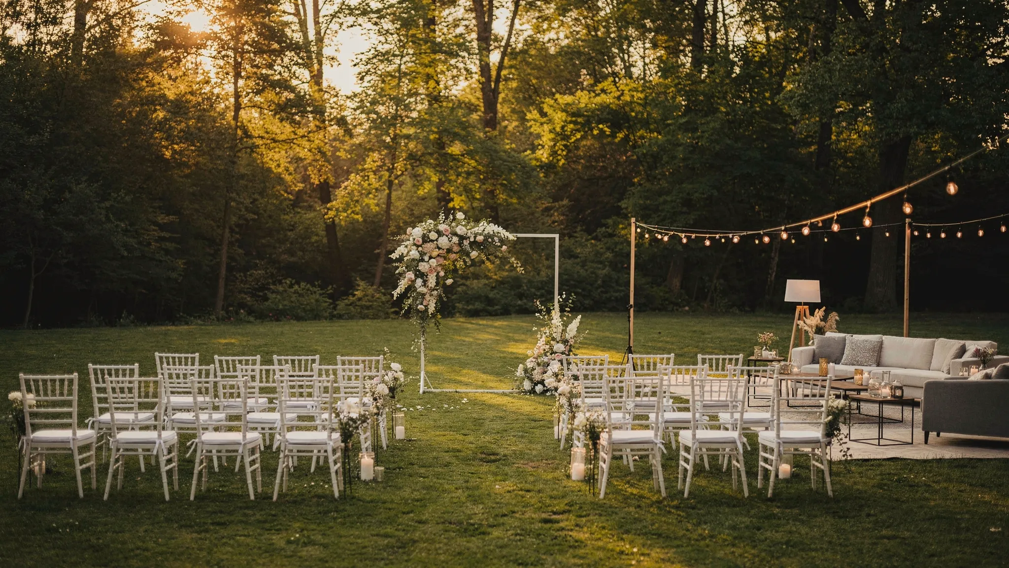 Restaurante Snagov evenimente: când merită formatul outdoor 2 O zonă elegantă de ceremonie outdoor la Snagov, cu scaune aliniate pe un gazon bine întreținut, arc floral minimalist, fundal natural cu pădure și o zonă de cocktail cu lounge și lumini decorative calde pregătite pentru apus.