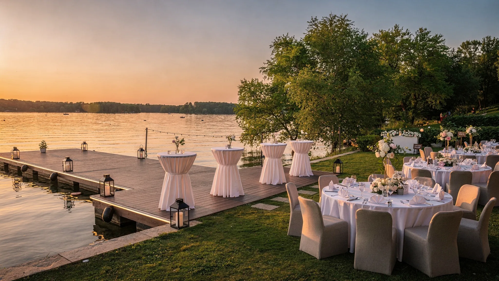 Locații evenimente Snagov: idei pentru corporate și private 2 Panoramă cu o locație de evenimente la Snagov, cu zona de lac în lumină de apus, ponton și spațiu de cocktail în aer liber, plus o zonă de dining pregătită elegant lângă apă.