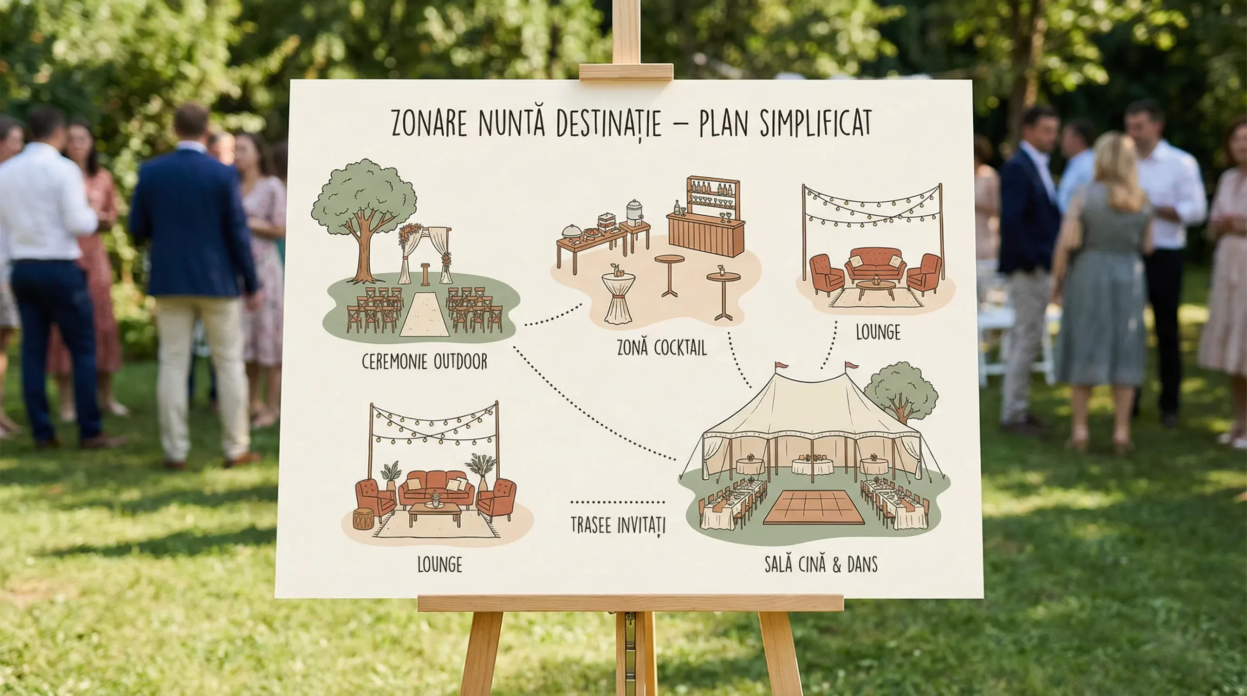 Nuntă în București: cum obții vibe de destinație fără drum 3 Plan simplificat de zonare pentru o nuntă cu vibe de destinație: ceremonie outdoor, zonă de cocktail cu stații culinare și bar, lounge, sală pentru cină și ring de dans, trasee clare pentru invitați.