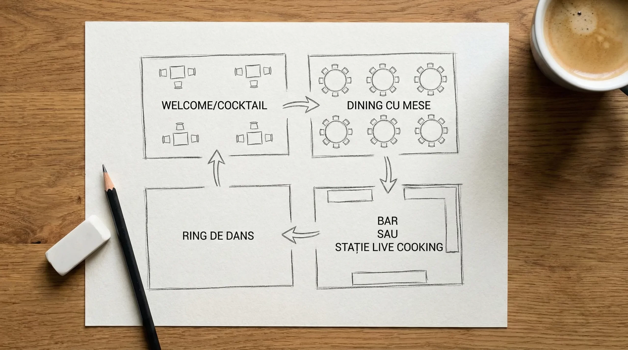 Schiță simplă, tip plan de eveniment, cu 4 zone marcate clar: welcome/cocktail, dining cu mese, ring de dans, bar sau stație live cooking, plus săgeți care arată fluxul invitaților între zone.