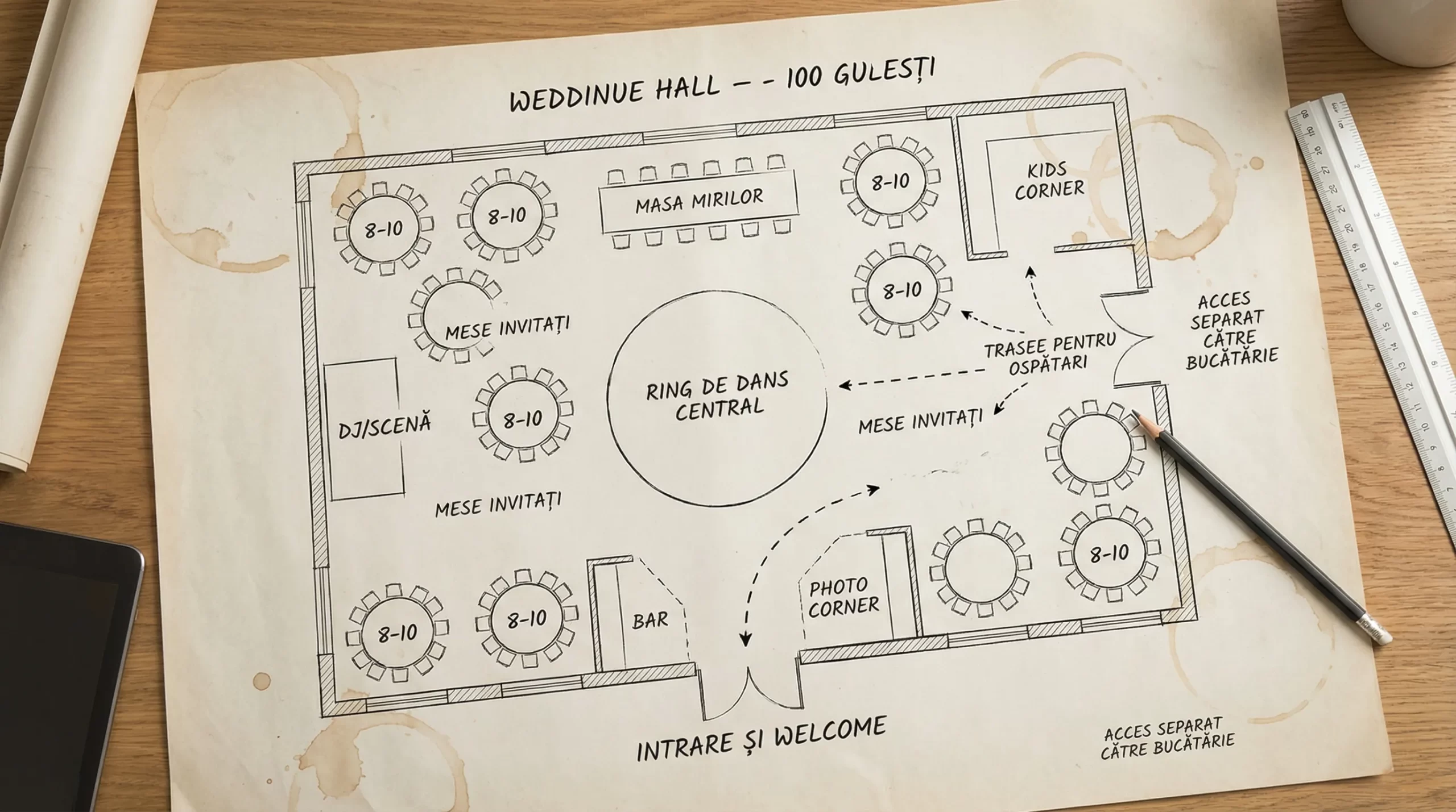Restaurant nuntă București 100 persoane: layout și flow corect 2 Schiță top-down pentru o sală de nuntă cu 100 de persoane, cu zone clar etichetate: intrare și welcome, mese invitați, masa mirilor, ring de dans central, DJ/scenă, bar, photo corner, kids corner, trasee pentru ospătari și acces separat către bucătărie.